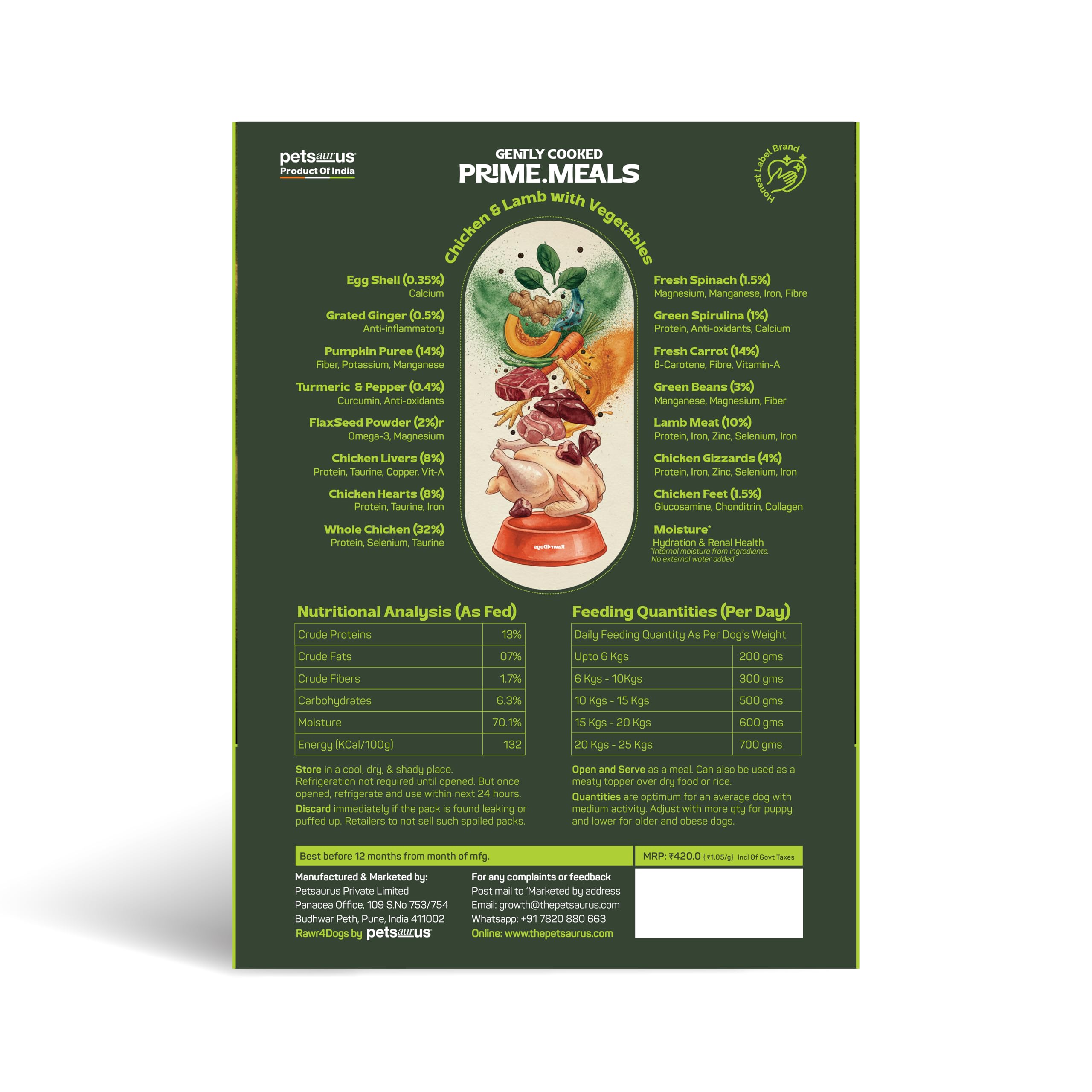 Rawr4Dogs | Prime.Meals | Balanced Wet Dog Food | Chicken, Lamb, and Vegetables | Free from Grains, Gluten and preservatives | 200gms X Pack of 2 3