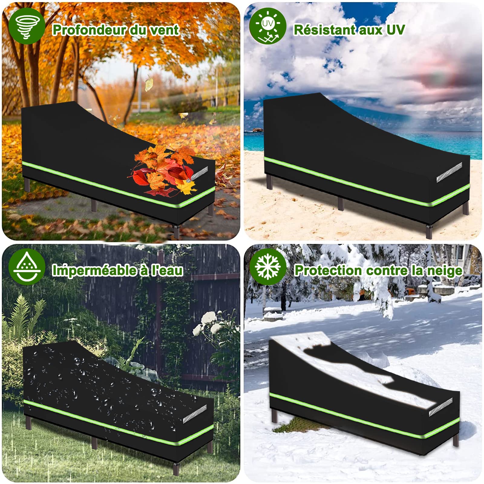 Housse de Chaise Longue de Jardin 2 pcs, Imperméable, Résistance au Vent, Anti-UV, Tissu Oxford 210D Housse avec Grilles D’aération et Bande Réfléchissante pour Chaise Longue de Jardin- 200x75x40/70cm