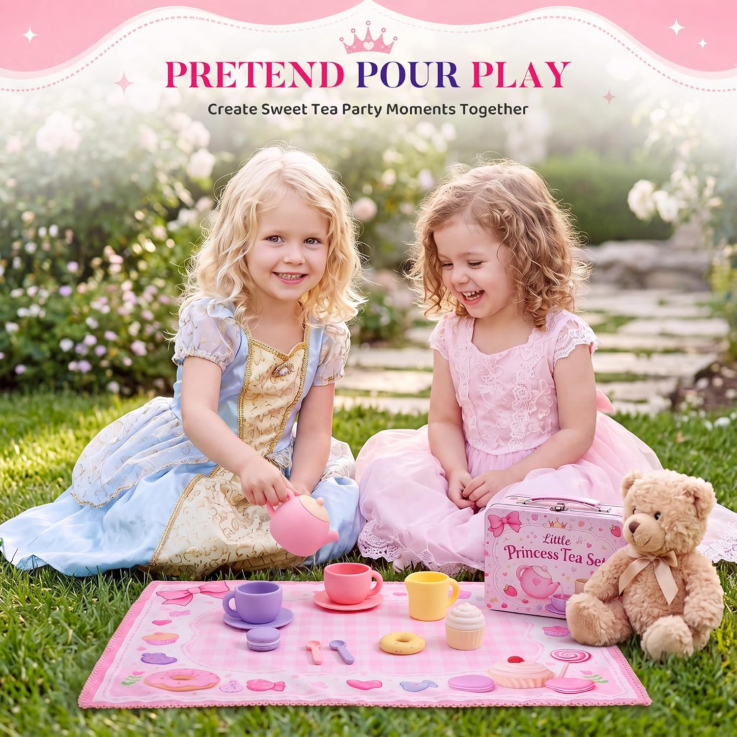 Silicone Tea Set for Girls 2+, Princess Tea Party Pretend Play Set with Tin Box and Play Mat, Kids Kitchen Accessories, Christmas Birthday Gifts for Girls Ages 2 3 4 5 image 2
