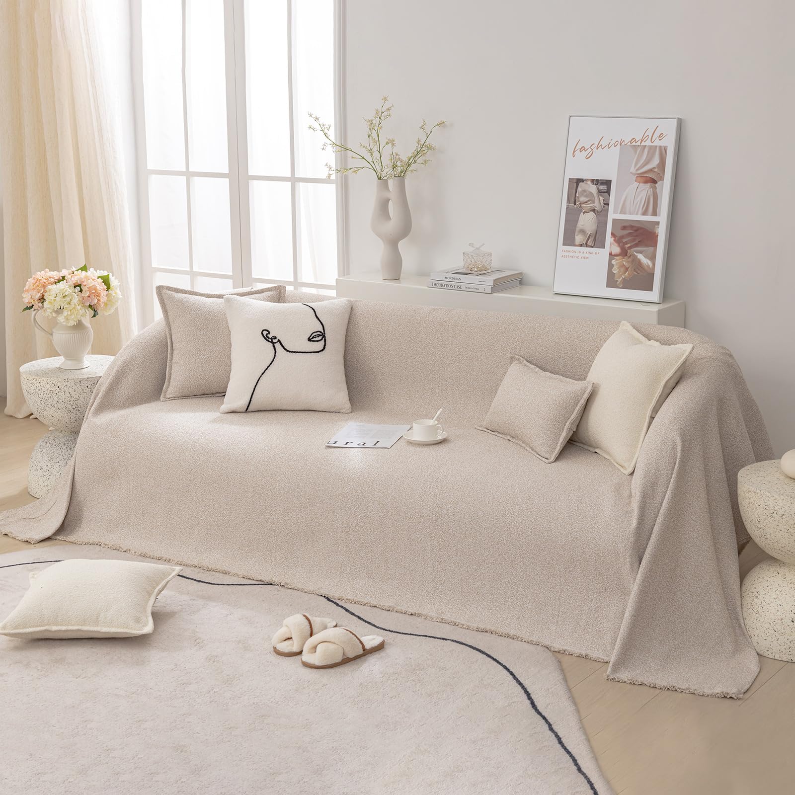 VanderHOME Funda Sofá，Cubre Sofas,Fundas De Sofa Anti Gatos,Protector De Sofa,Funda de sofá de Lino Transpirable 180 * 300cm-Té con Leche