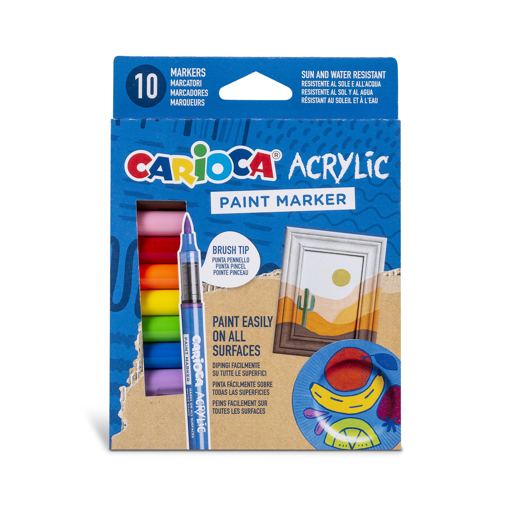 CARIOCA Rotulador Acrílicos | Caja de 10 rotuladores permanentes | Punta Pincel | Apto para todas las superficies y alta opacidad | Base de Agua | 10 colores