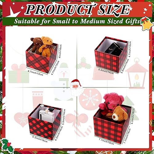 Miniatura 3 de TaoBary 4 cajas de regalo apilables a cuadros de búfalo apilables de color rojo y negro, cajas decorativas con tapas, cubo de almacenamiento anidado