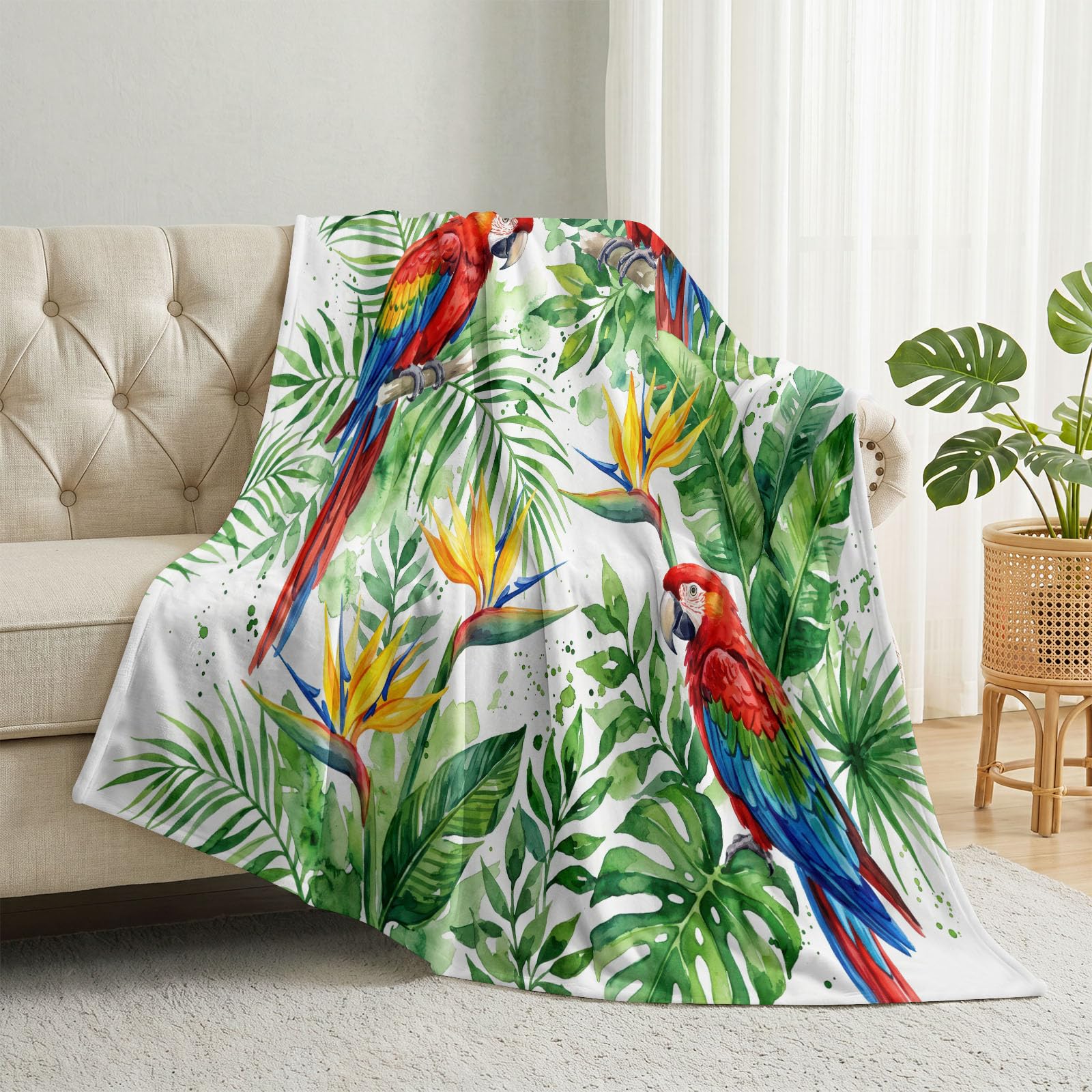 Manta de franela, manta de franela natural, mullida, suave y cálida, manta de forro polar, diseño de loro con hojas verdes, manta de sofá para adolescentes y adultos, 150 x 200 cm