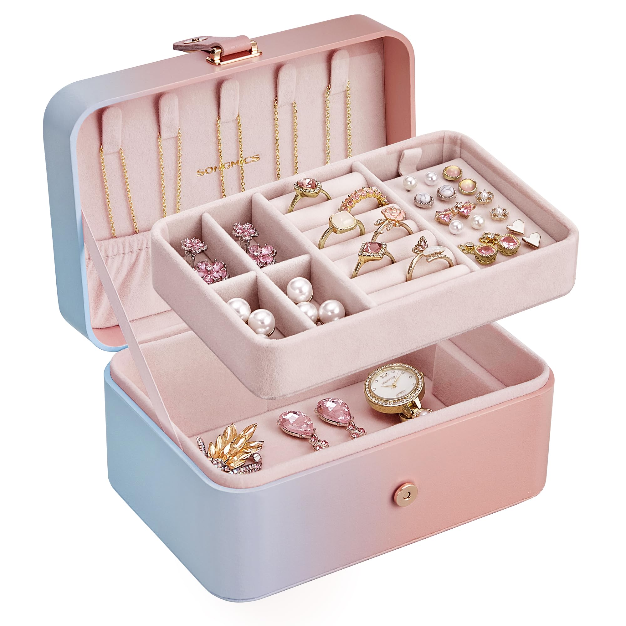 SONGMICS Schmuckkästchen Reise, Schmuckkasten klein, 2 Ebenen Schmuckaufbewahrung, tragbar, Schmuck-Reiseetui, für größere Accessoires, 11 x 16 x 8 cm, Geschenkidee, Ombré-Rosa-Blau JBC166X101