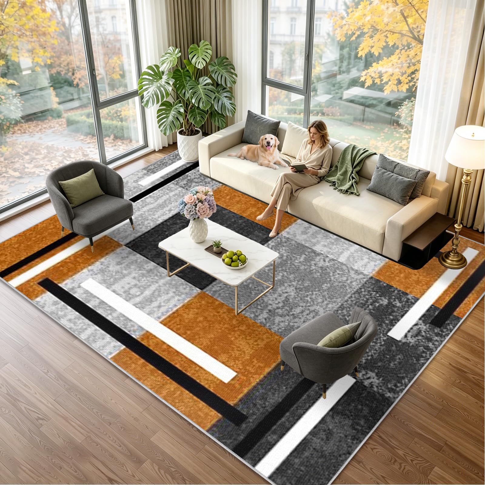 Teppich Wohnzimmer Vintage Wohnzimmerteppich Moderne Geometrische Abstrakte Muster Teppich Schlafzimmer Kinderzimmer Teppiche Groß rutschfest Kurzflor Teppiche Gegend Gelb 100 x 140cm