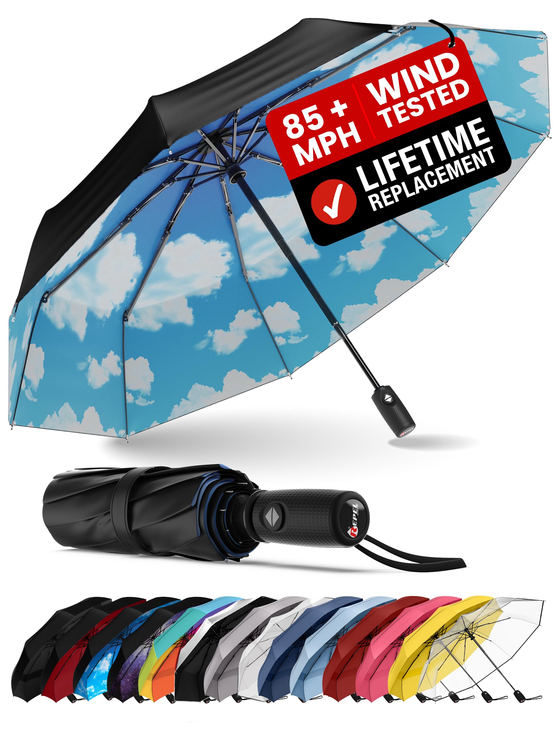 REPEL Windproof Travel Umbrella - Compact & Withstands Winds up to 85MPH , Strongest Premium Auto Folding Umbrella for Rain and Sun - Durable, Light & Portable for Women & Men , Fits Backpack & Cars