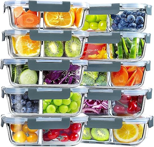 Miniatura 1 de VERONES Paquete de 10 recipientes de vidrio para preparación de comidas, juego de 2 compartimentos, recipientes herméticos de vidrio para almuerzo