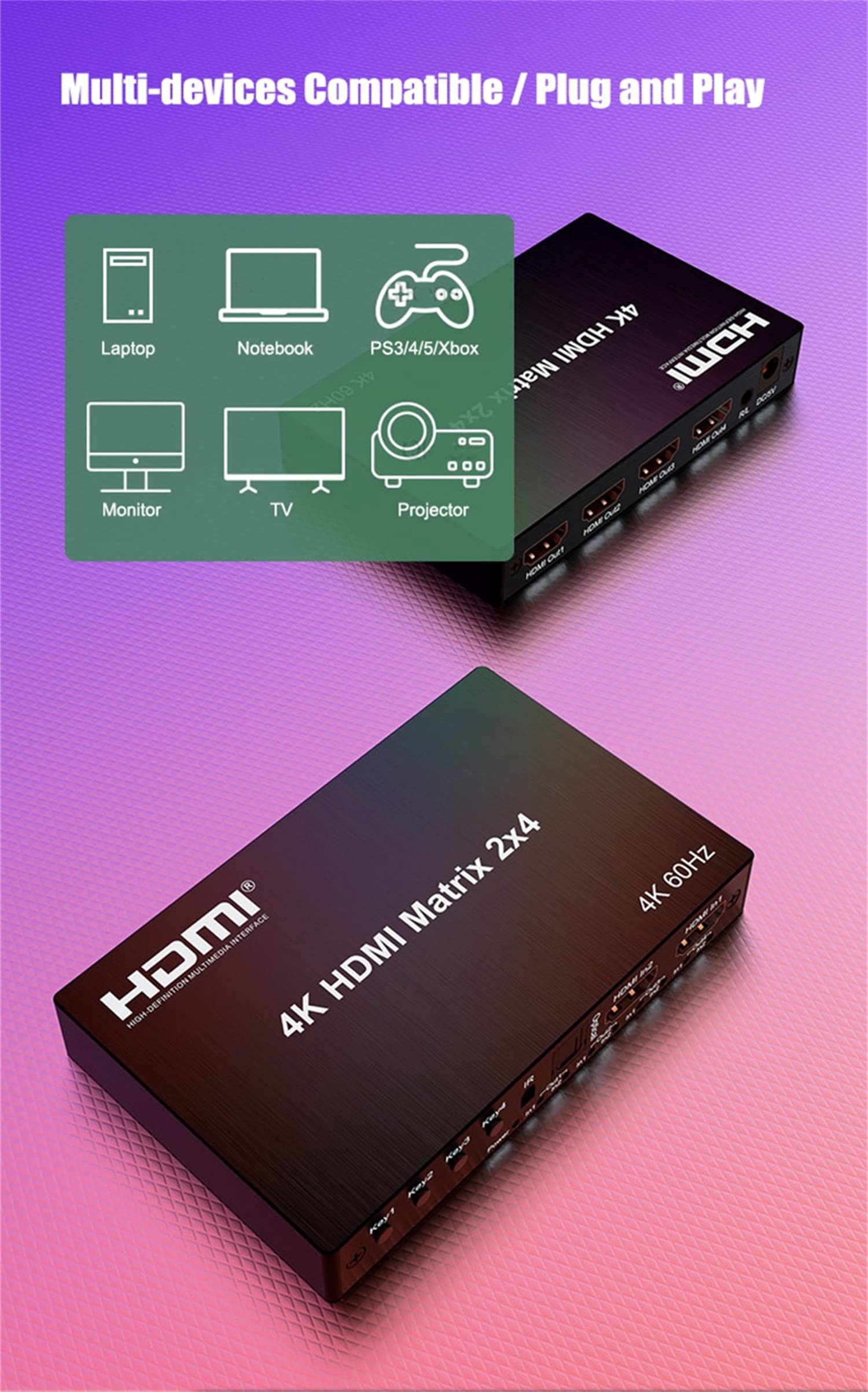 4K HDMI Matrix 2X4,4K 60Hz HDMI Matrix 2x4 Per Dolby HDMI Splitter Switch 2 In 4 out 4K 60Hz Matrix hdmi Interruttore Con Audio R/L Per PC a TV Monitor (2X4)