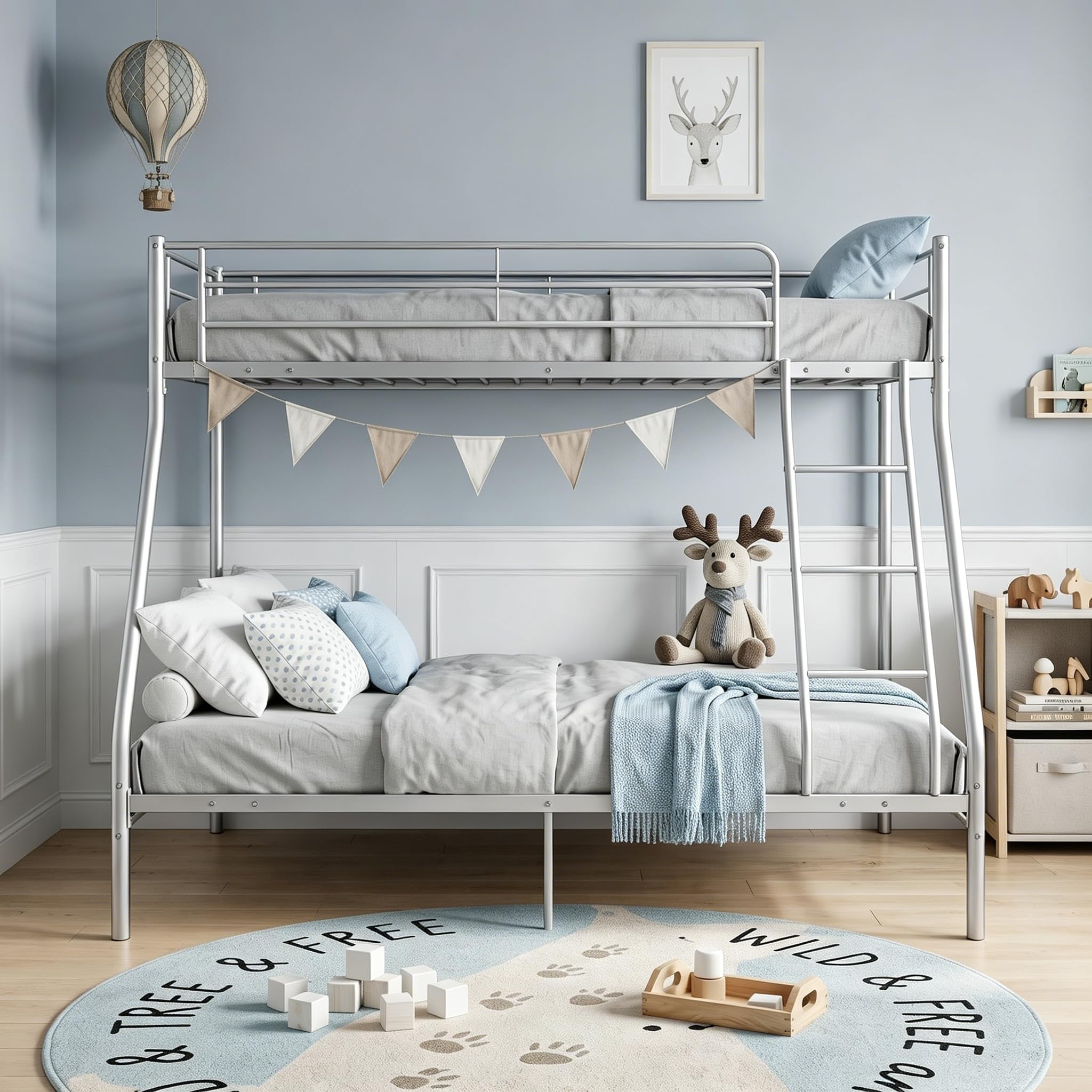 Panana Metal Triple Bunk Bed, 3ft Single and 4ft6 Double Bed Frame with Guardrail (Silver)