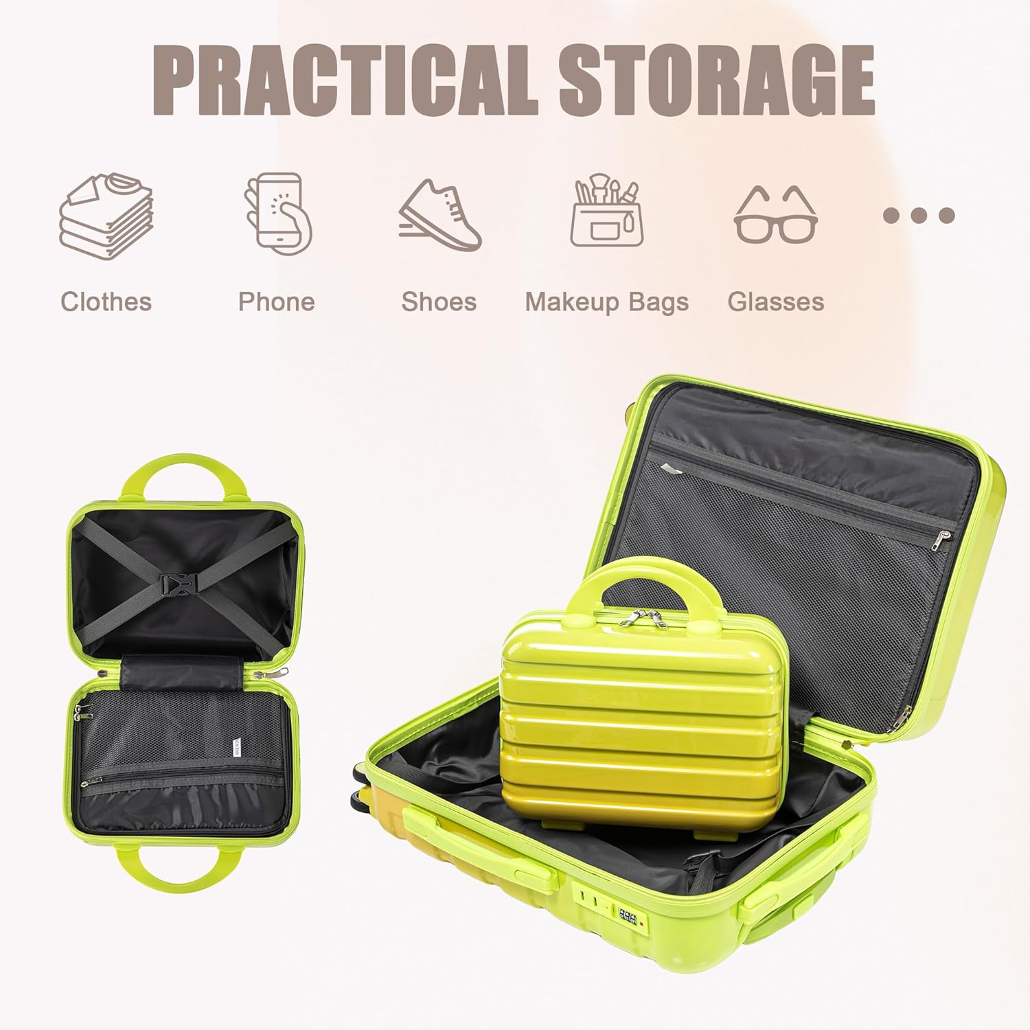 20" + 14" 2-Piece Hardside Luggage Set with Spinner Wheels & TSA Combination Lock, Gradient Color Carry on Suitcase with Cosmetic Case, Lightweight and Waterproof Travel Luggage Set (Yellow+Green)