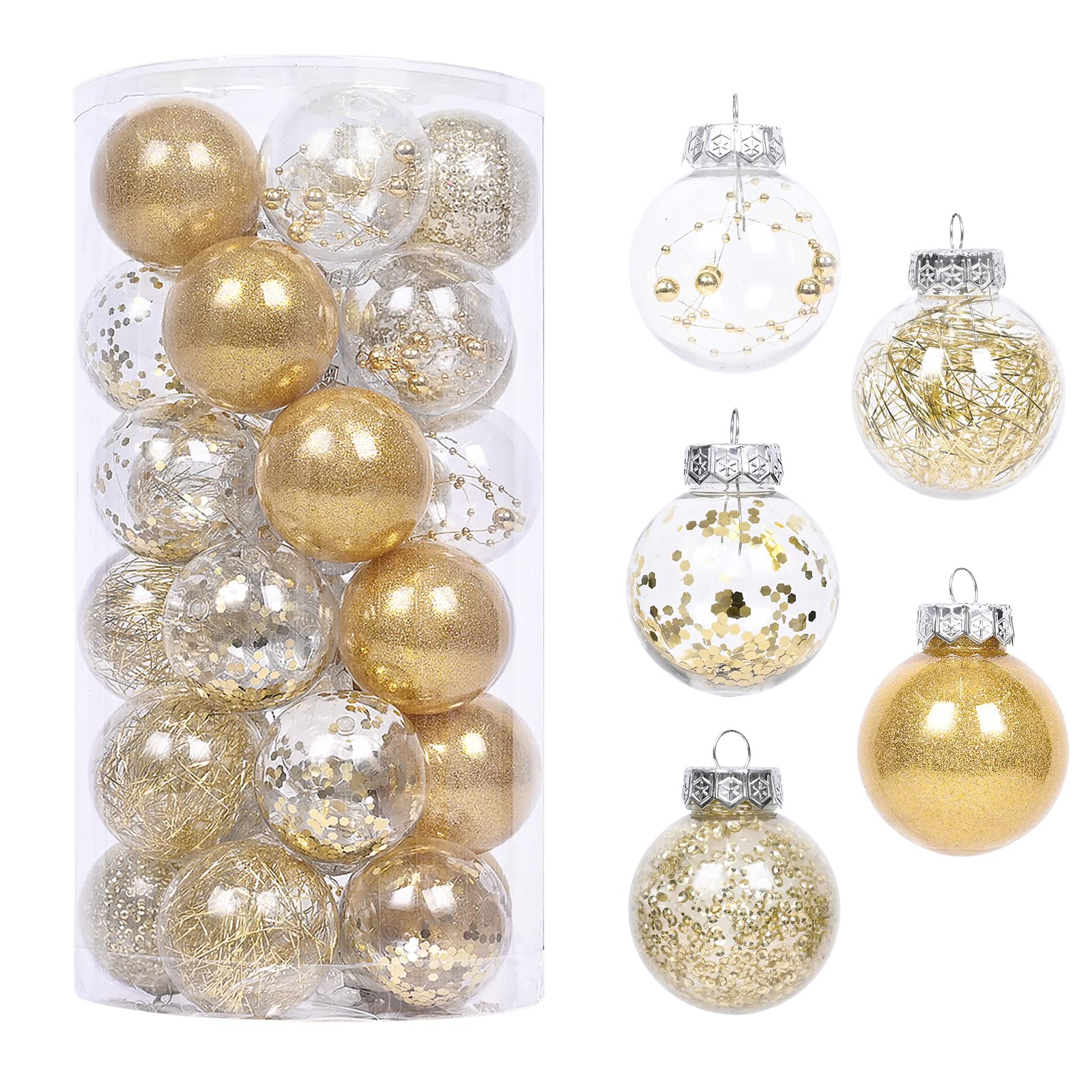 2.36''/60mm 30PCS Shatterproof Clear Plastic Christmas Ball Ornaments Decorative Xmas Balls Baubles Set with Stuffed Delicate Decorations, Xmas Tree Balls for Holiday Wedding Party Thankgivings. (Gold