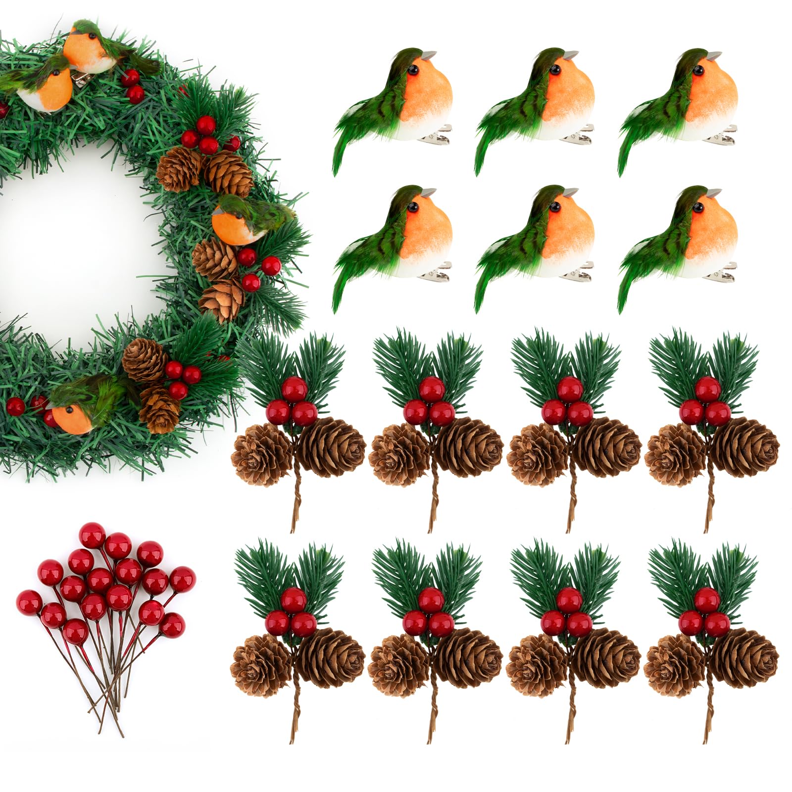 BETESSIN Christmas Tree Decoration Set, 100pcs Red Holly Berries + 8pcs Artificial Pine Picks + 6pcs Robin Bird Artificial with Clip Handmade Birds Christmas Wreath Decoration Craft Wreath Making Kit