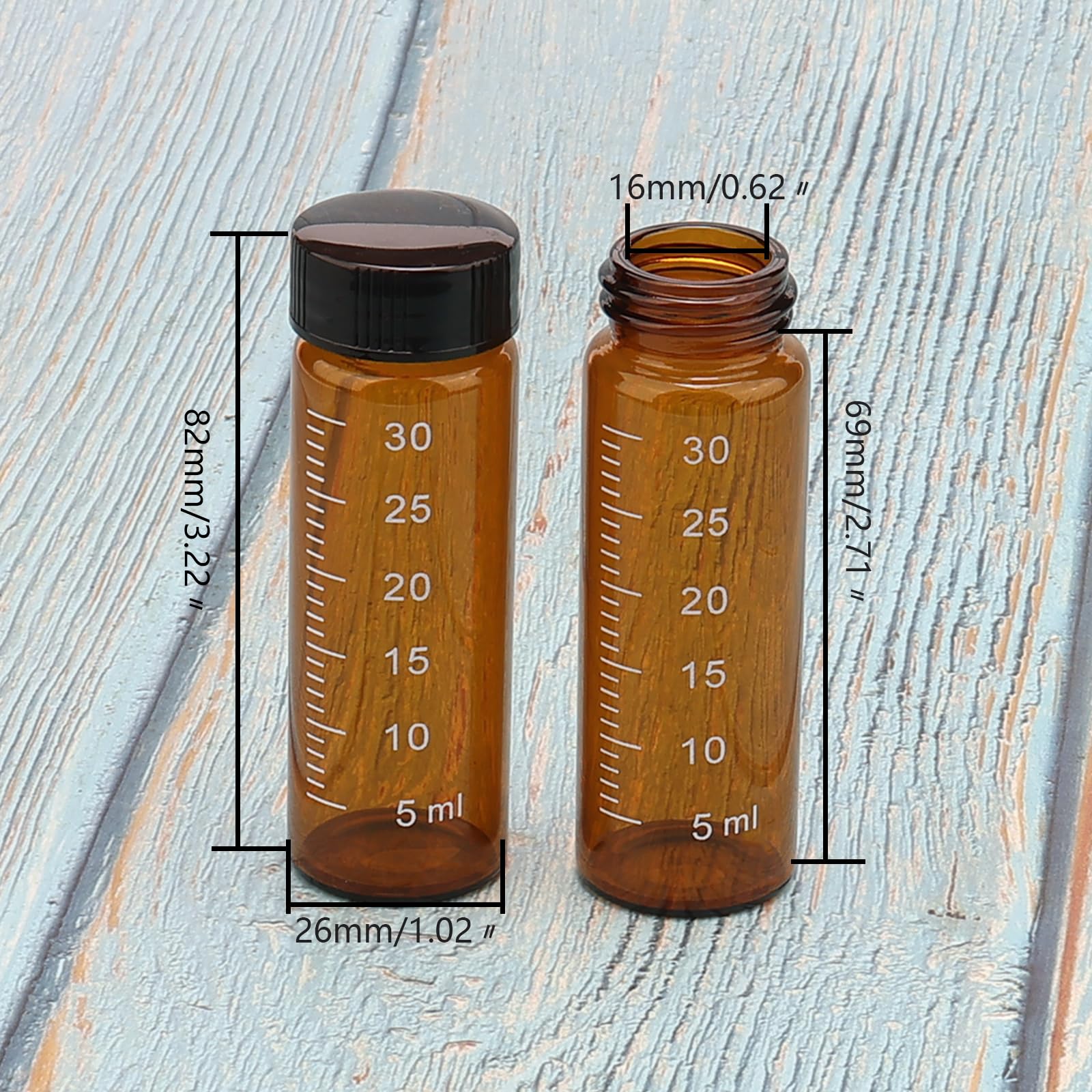 28 sztuk 30 ml ciemnego bursztynowego szkła fiolki ze skalą i czarną nakrętką, małe butelki na próbki laboratoryjne do płynnych tabletek spożywczych