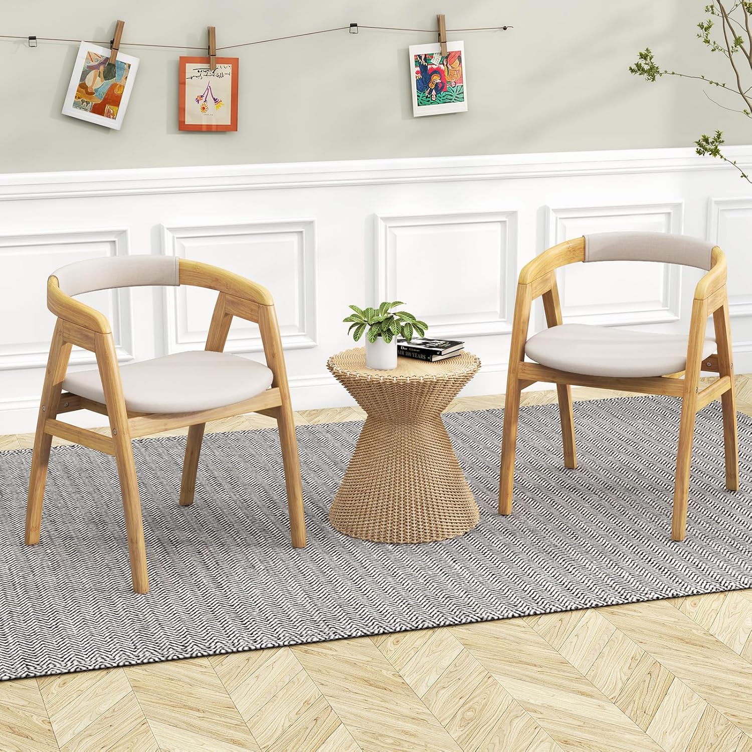 GOFLAME Bamboo Accent Chair Set of 2, Mid-Century Modern Armchair with Curved Backrest & Seat Cushion, Upholstered Reading Chair, Leisure Chair for Living Room, Bedroom, Study, Natural