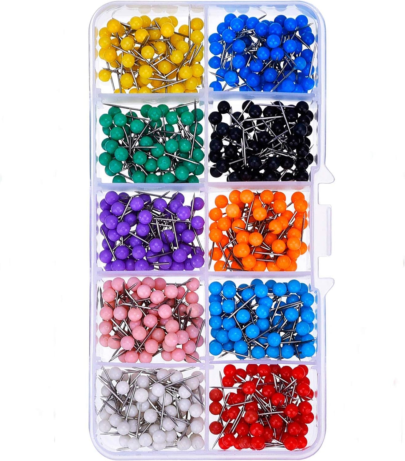 Bkrdty Head Pins 500 Pieces Map Tacks Multi-Colored Plastic Round Heads Push Pins in Storage Box for Fastening and Labelling 10 Colors