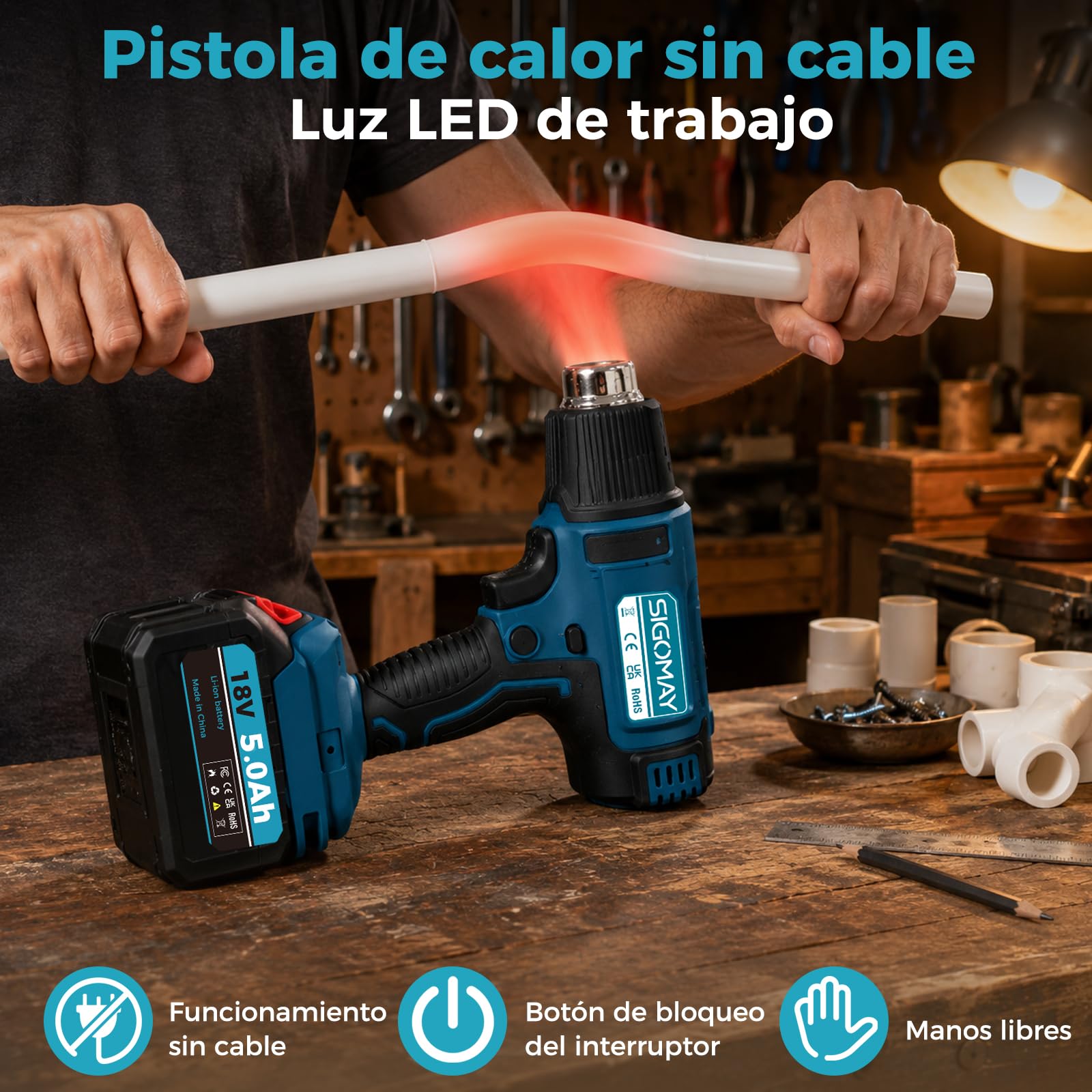 Decapador Térmico a Batería 18V con Batería 5.0Ah y Cargador Rápido | Pistola de Aire Caliente Compatible con Makita LXT, Pantalla LCD (Ajuste Rápido), 50-550°C, 6 Velocidades, 7 Accesorios