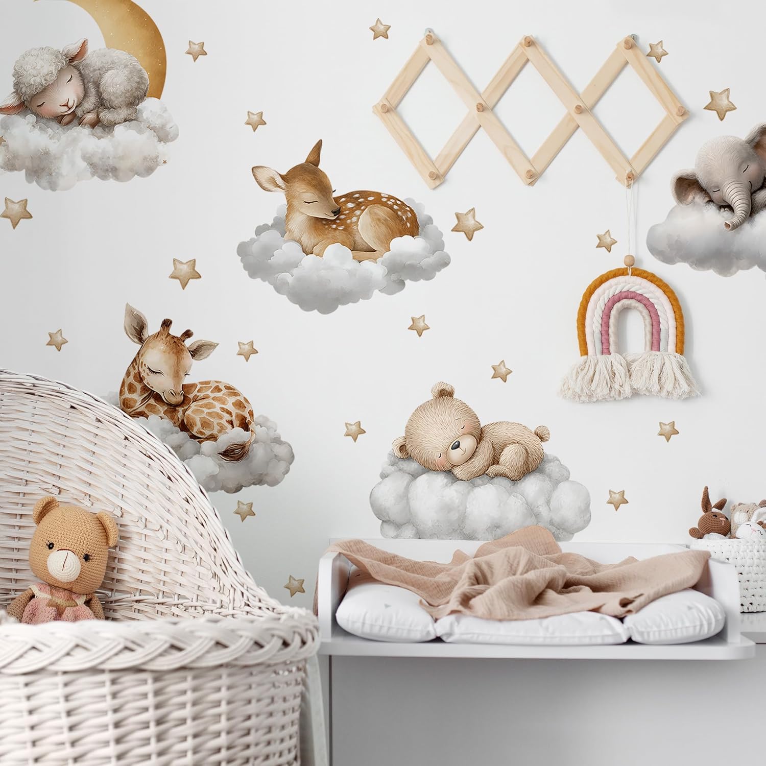 Sleeping Animals Wall Decals,Dreamy Clouds & Star Theme Art Wall Sticker Decors,Peel and Stick Elephants, Bears, Deer Decals for Kids Bedroom Nursery Playroom Library Living Room and Bedroom Decor