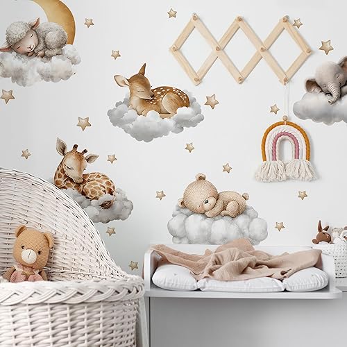 Miniatura 2 de Calcomanías de pared con diseño de animales durmientes, nubes de ensueño y estrellas, decoración de elefantes, osos, ciervos para niños, dormitorio