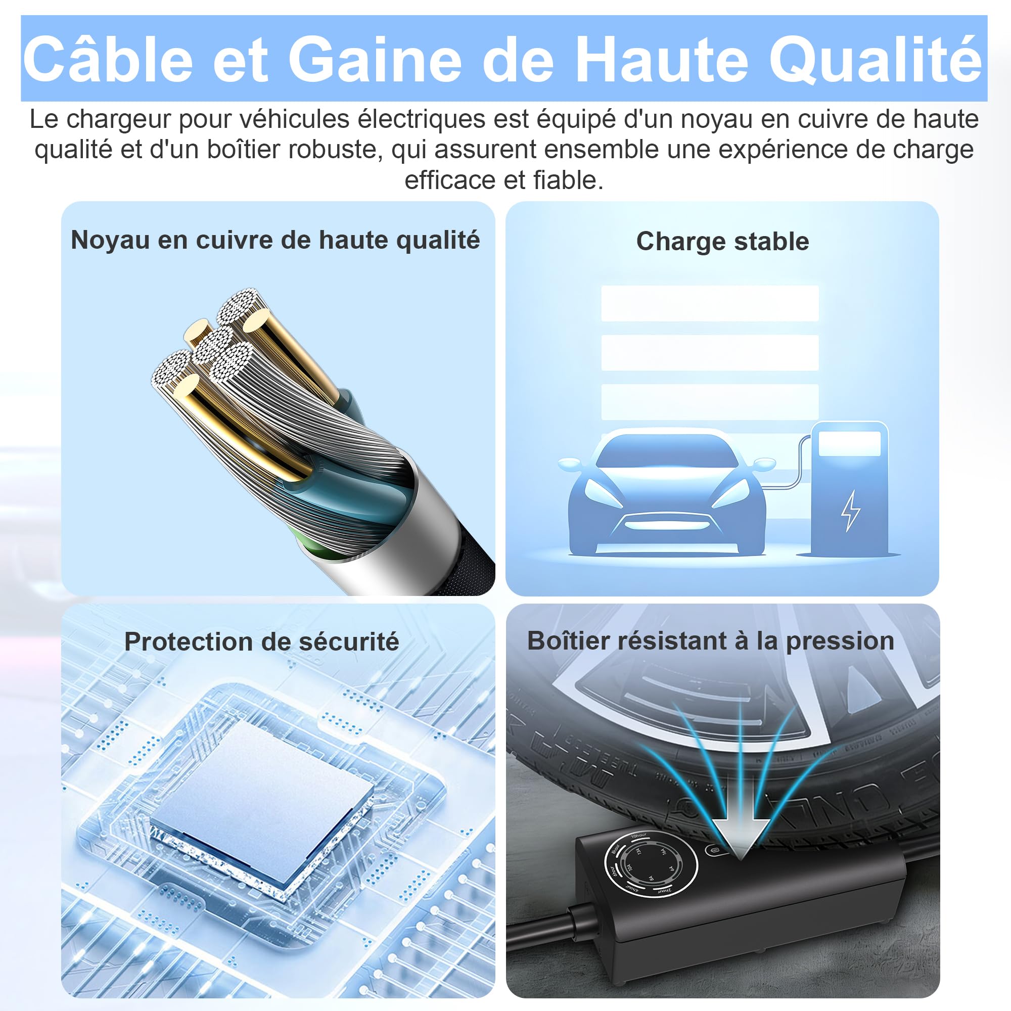 AWESAFE Chargeur Voiture Electrique [ 3,68 KW, 16A, 6m ] Courant Réglable 6-8-10-13-16A Prise Schuko avec Sac/Câble de Charge Type 2, Compatible avec E-208, Zoe, Spring, 500e, Model 3&Y et Autres BEV/
