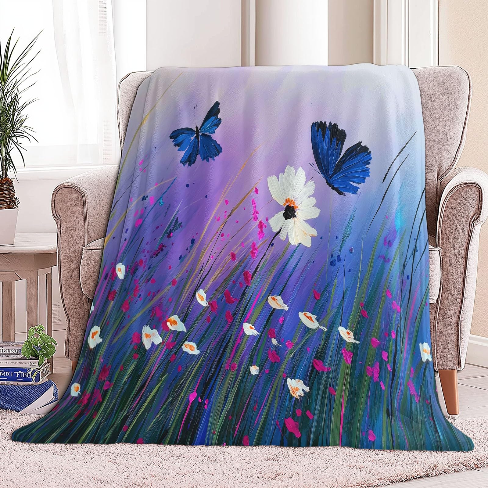 200 x 200 cm, przytulny koc w kolorze fioletowym, wiejska łąka kwiatowa, puszysty koc polarowy, koc na kanapę, puszysty koc z mikrofibry, narzuta na sofę, do sypialni, biura