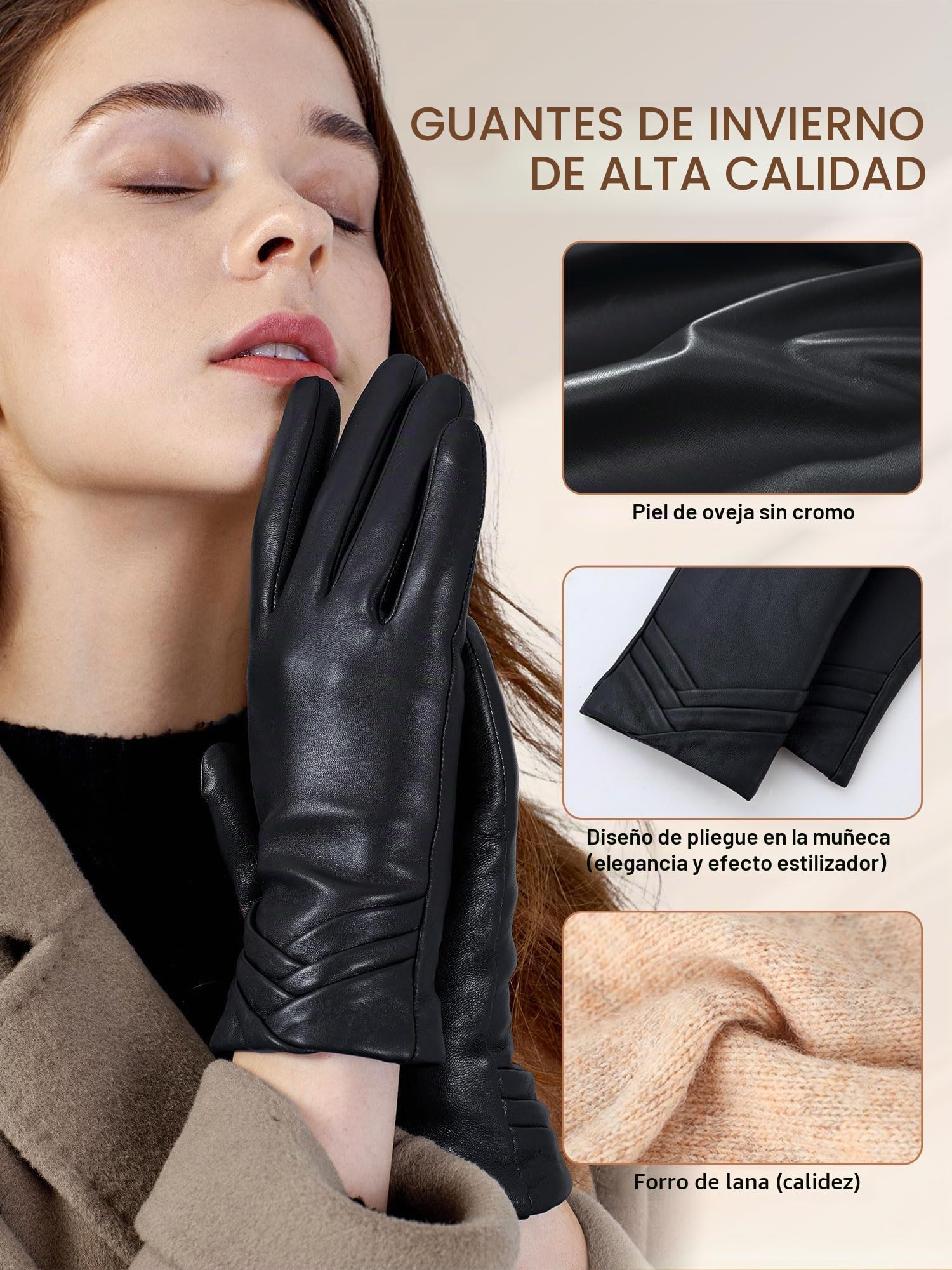 GSG SINCE 1998 Guantes de Mujer en Cuero Genuino | Guantes Táctiles y Cálidos con Forro de Lana o Imitación de Piel, Puños Fruncidos, Ideales para Conducir y