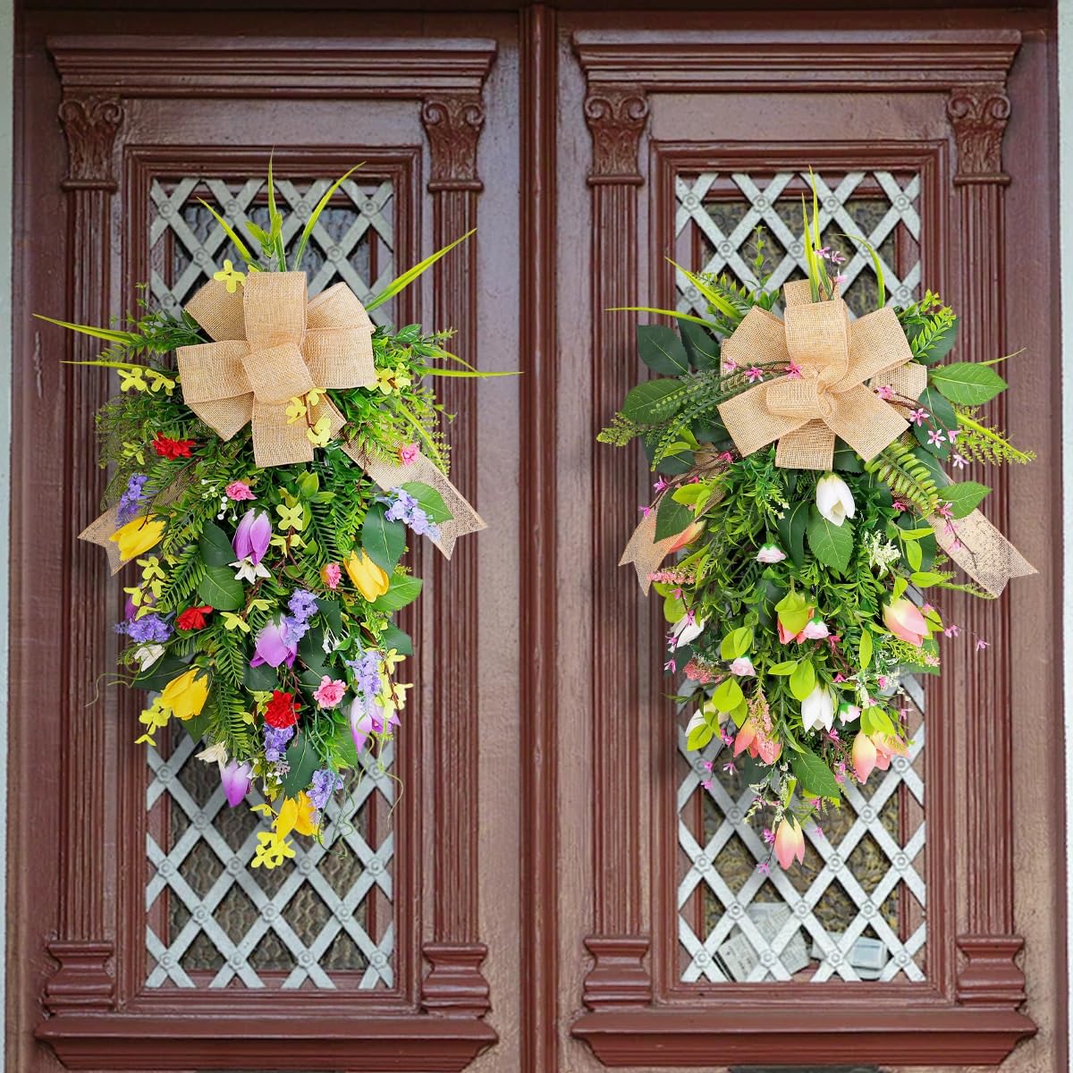51cm Décoration Noël Teardrop Swag, Guirlande De Noël Artificielle avec Bowknot pour Porte D'entrée, Escalier, Cheminé, Extérieur, Fenêtre(A+B)