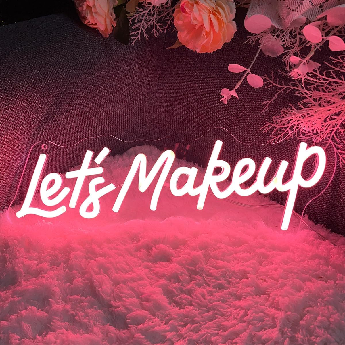 Lets Makeup Neon Sign For Spa Beauty Room Nail Brows Lashed Salon Studio LED Wall Art Decor For Business Stores Logo Barber Shops Led Word Indoor Custom Neon Lights 5V USB Powered Peach Pink 40×14cm