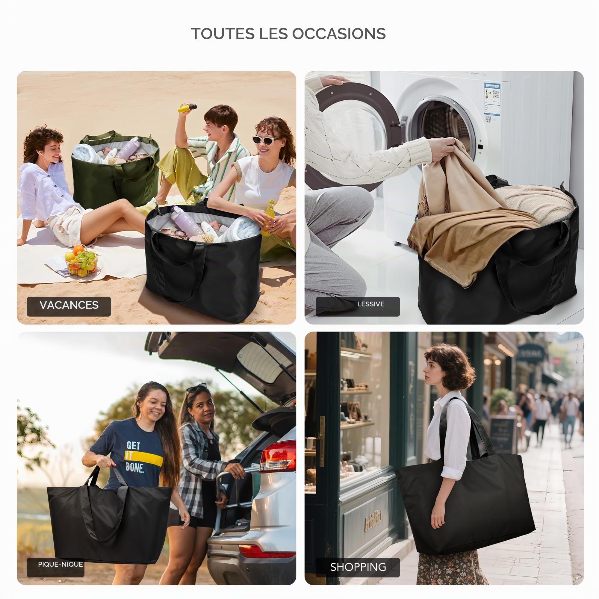KALIDI Sac de plage extra large avec fermeture éclair 60 l | Sac de transport anti-éclaboussures pliable et léger pour les vacances, les voyages, le shopping, réutilisable