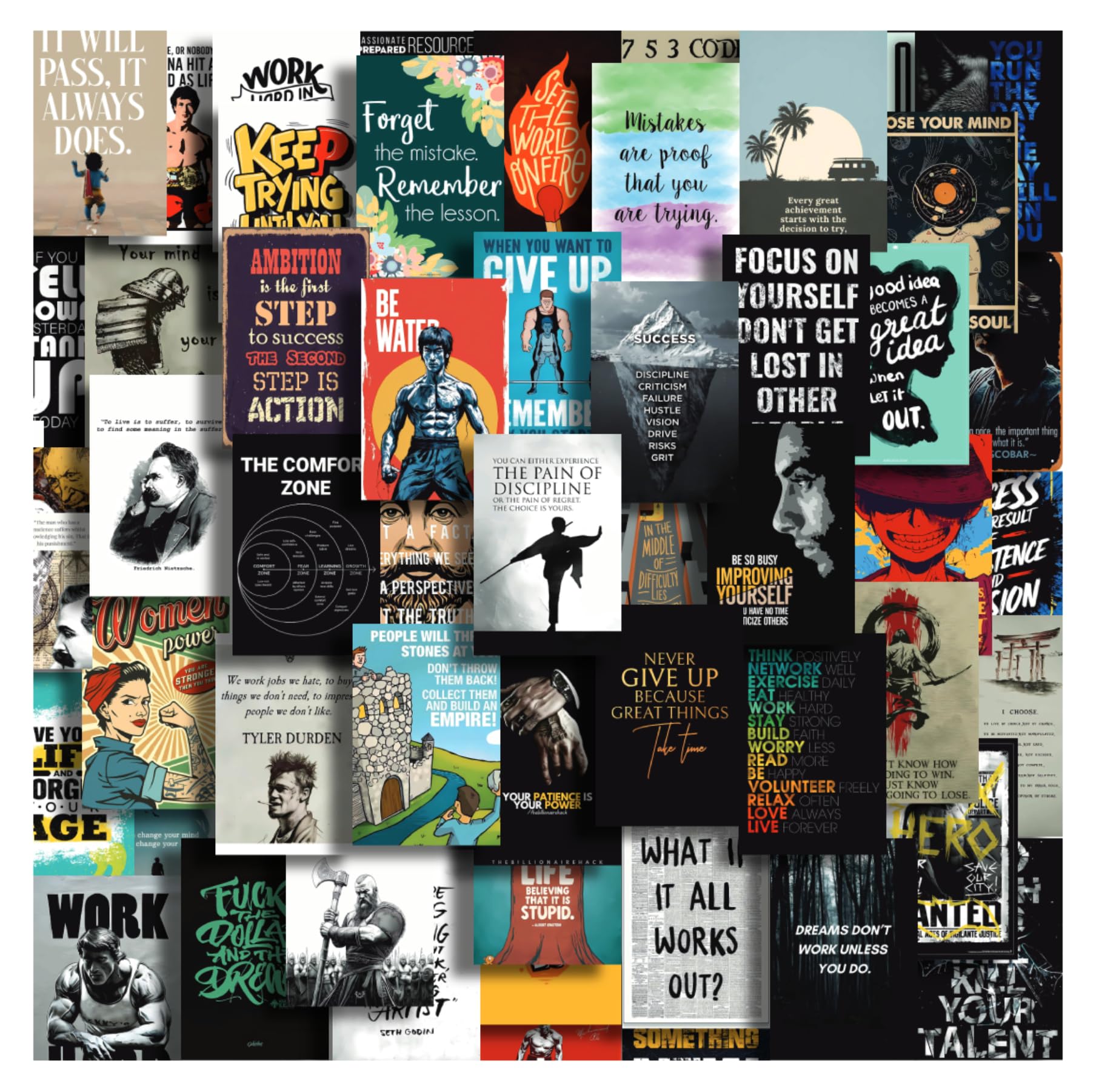 Moment Prints Set of 54 Motivational Inspirational Wall Collage Kit Posters - 4x6 Inches, 300 GSM Matte Finish, Double-Side Tape Included - Perfect for Office, Gym, Study Room Decoration