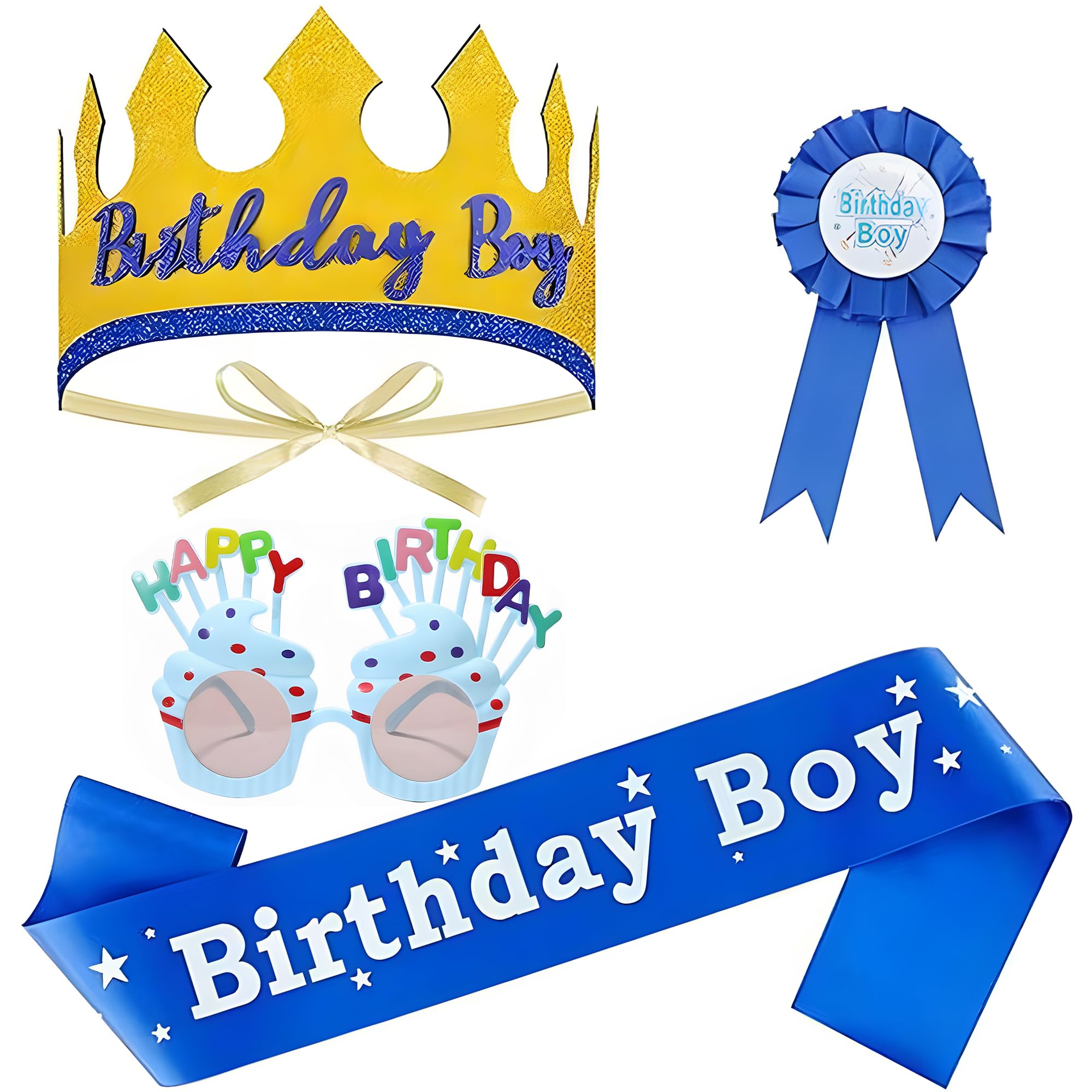 cadelon 4 Pcs Complete Birthday Set with Crown, Badge, Sash & Party Glasses - Reusable Birthday Accessories for Adults, Classic Design for Men’s Birthday Party, Celebration and Photography