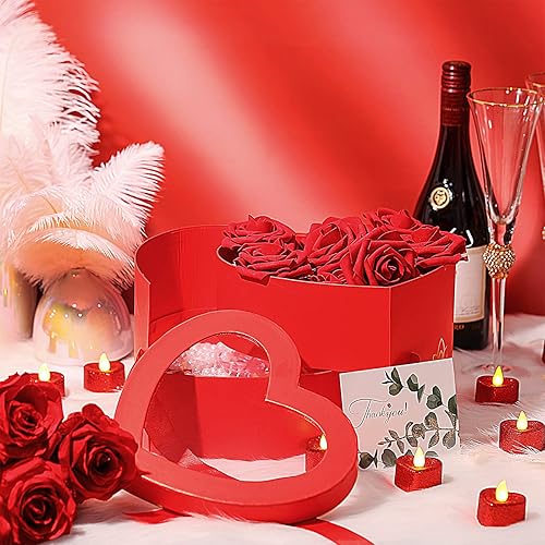 Miniatura 7 de Zonon Caja de flores en forma de corazón con tapa, para el Día de la Madre, doble capa, caja de embalaje con tarjeta de papel y rafia para San