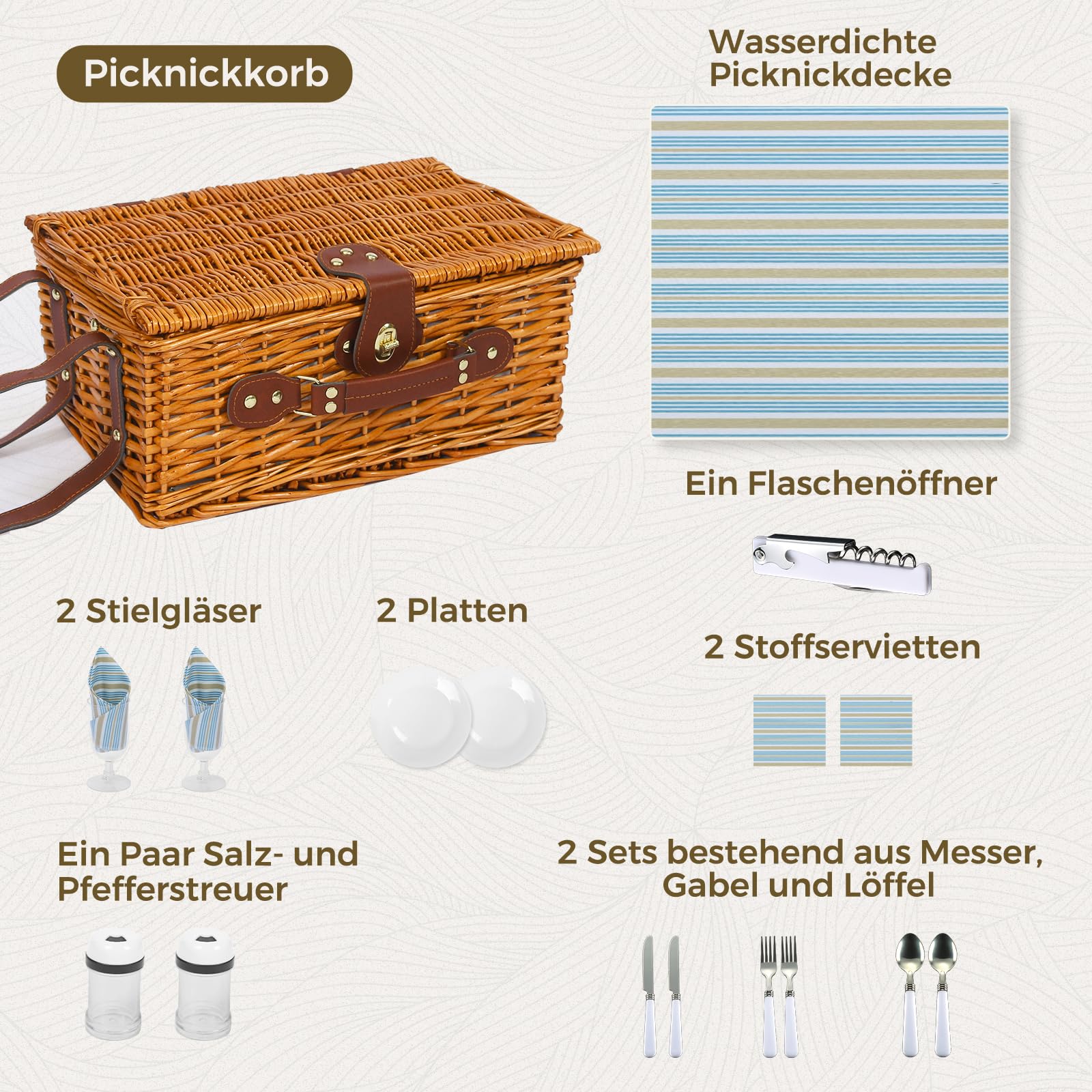 Picknickkorb Set für 2 Person mit Kühlfach und wasserdichte Picknickdecke, Abnehmbarer Riemen, Weinbeutel, Besteck Set, für Camping, Strand, Wandern, BBQ und Familie/Paare Geschenke, Zubehör