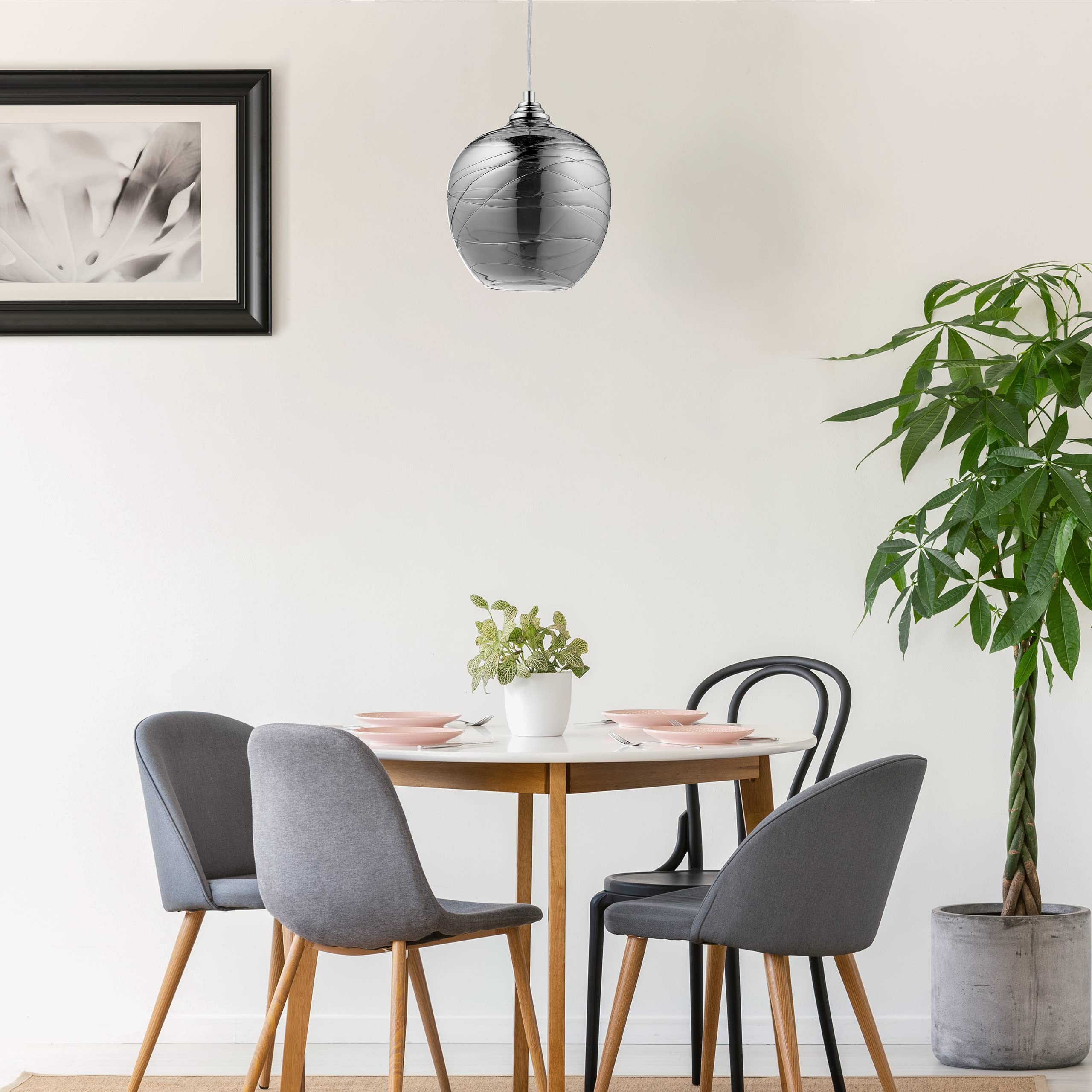 Relaxdays Lampadario a Sospensione, Paralume in Vetro, Cavo Regolabile, HD 130x22 cm, Attacco E27, Sala, Cucina, Grigio