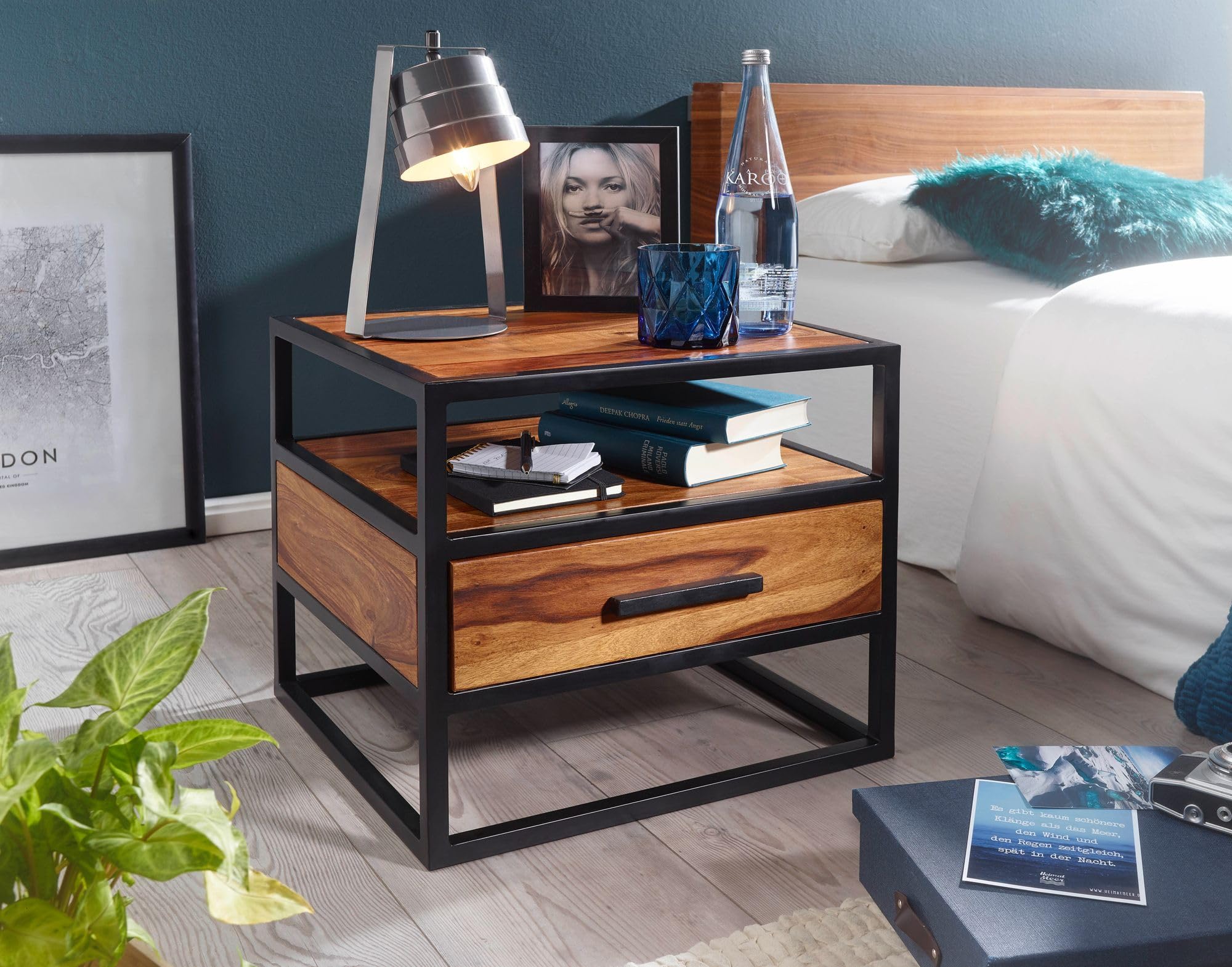 FineBuy Szafka Nocna 50x45x45 cm Lite Drewno Sheesham z Szufladą, Stal | konsola nocna industrialna ze stalowym stelażem i półką do łóżka kontynentalnego, szafka nocna ręcznie wykonana