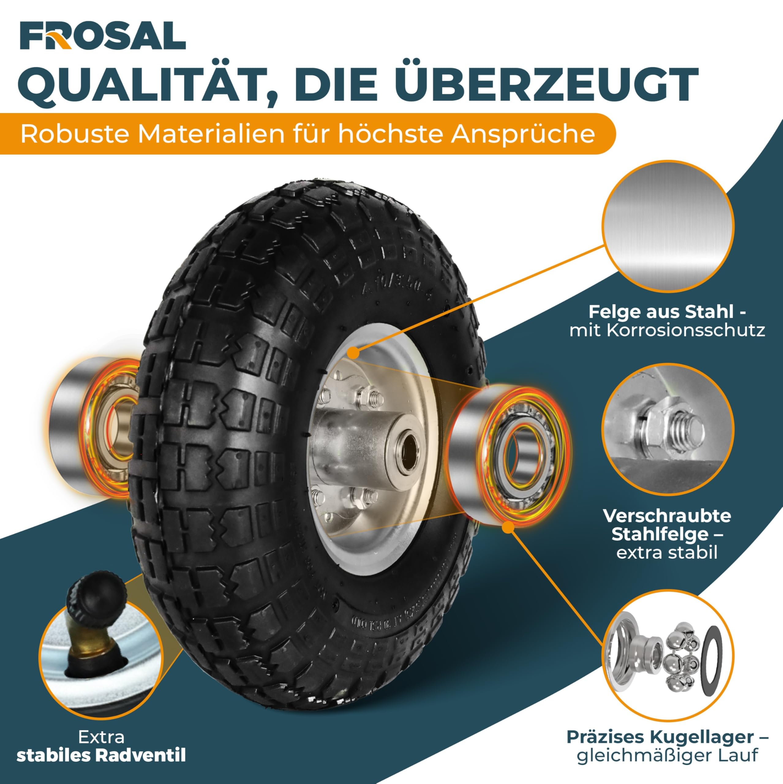 FROSAL Luftrad 260 mm 4.10/3.50-4 – Ersatzrad für Bollerwagen, Sackkarre, Transportwagen – Ø 260×85 mm – Achse Ø16 mm Nabenlänge 55 mm – Stahlfelge silber Ø120 mm – Kugellager – luftgefüllt – 2er Set