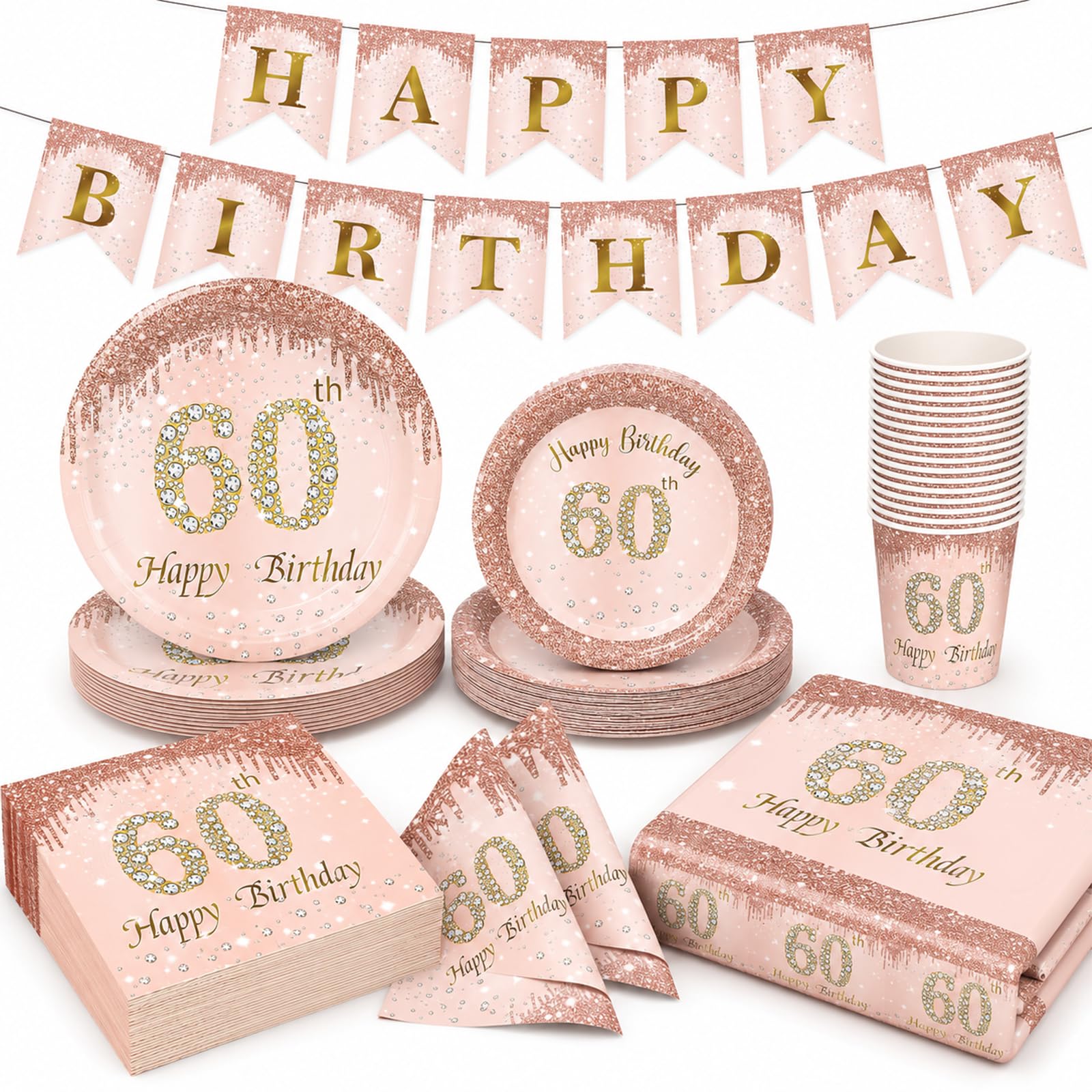 Yuaerbuo 98 PCS (24Set) 60th Birthday Plates and Napkins, 60th Birthday Table Cloth, Rose Gold Paper Plates Set, Pink Table Decorations for Girls, Party Plate Cups and Napkins, Tablecloth, Banner (60) — image 1