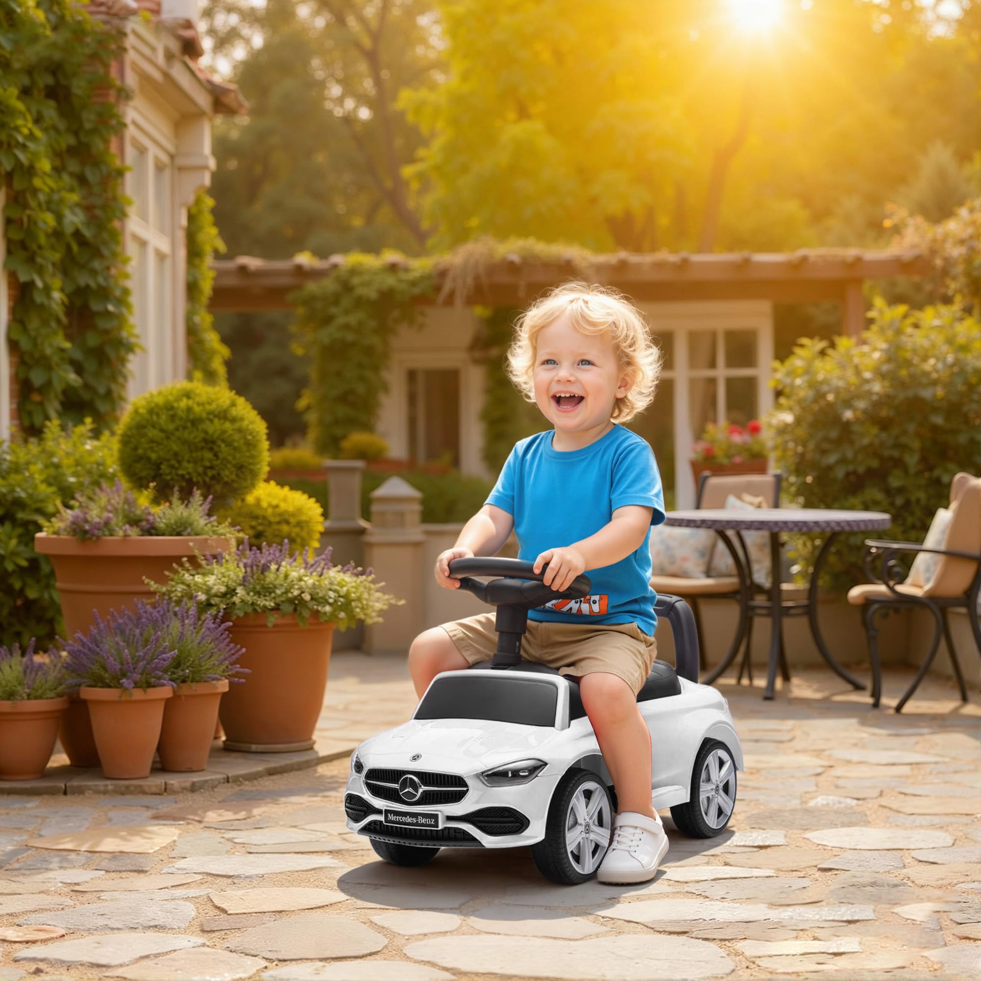 AIYAPLAY Macchina Primi Passi Cavalcabile per Bambini 1-3 Anni Convertibile in Passeggino con Maniglione, Barriera a 360° e Volante, Auto Cavalcabile in PP e Acciaio, 91x40x83 cm, Bianco