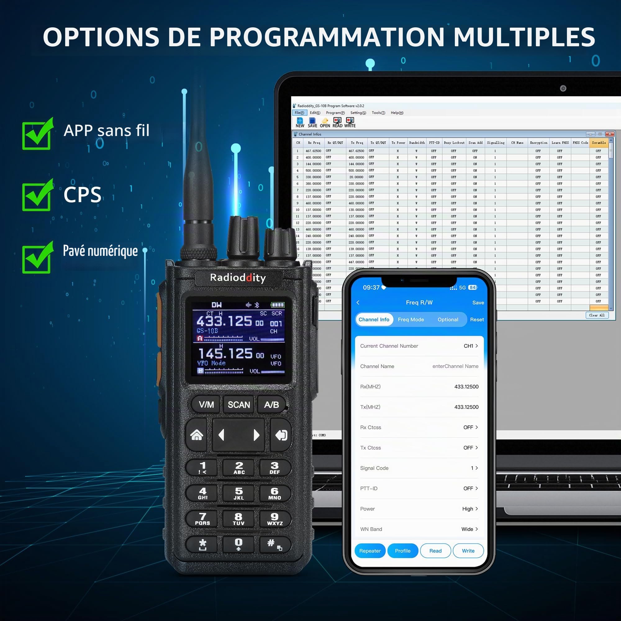 Radioddity GS-10B Radio 8W, Radio Bidirectionnelle Longue Portée avec Programmation APP sans Fil, UHF/VHF/FM Aviation, Double PTT, Batterie 2500mAh & USB-C, Réduction du Bruit, Synchro des Canaux