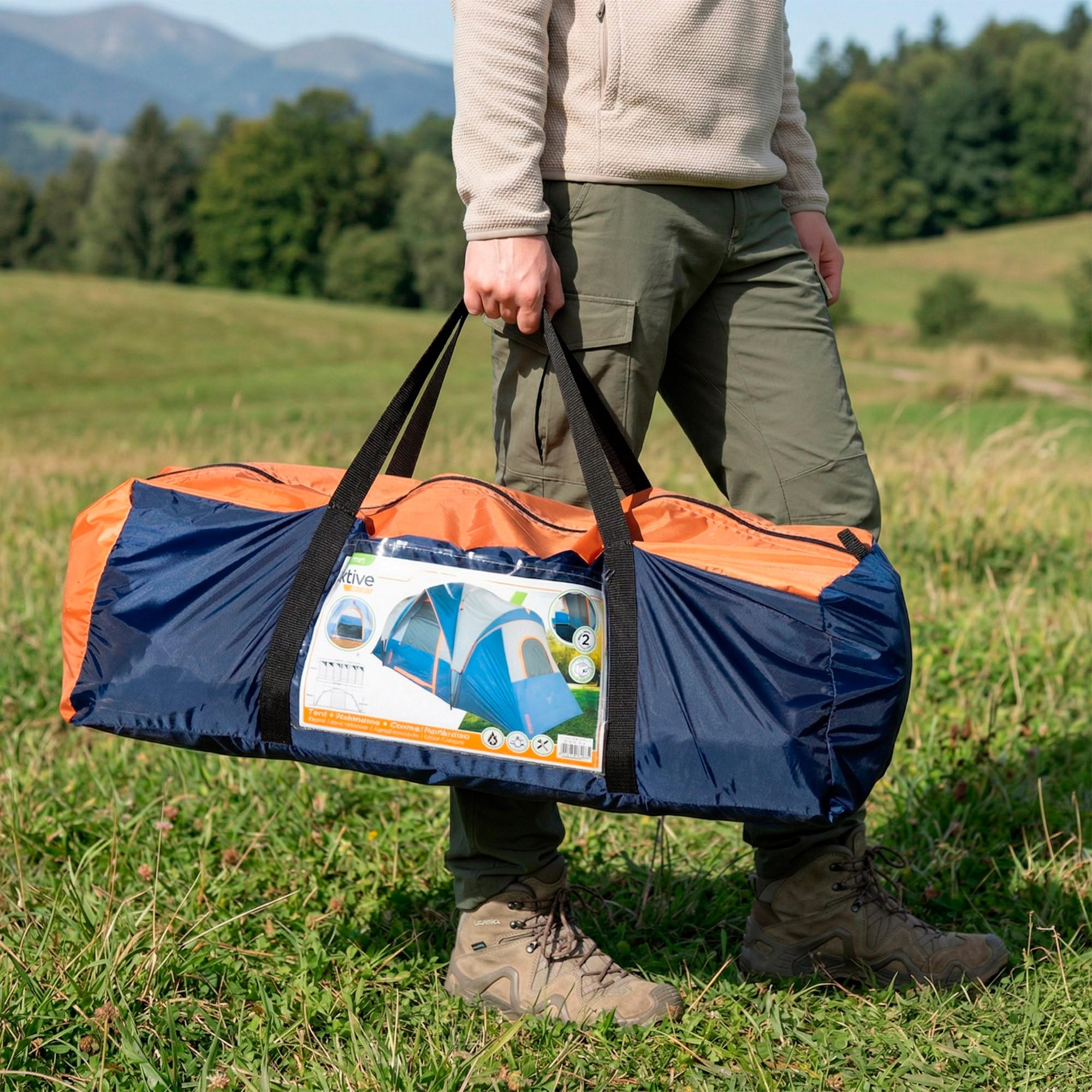 AKTIVE Tente de Camping pour 6 Personnes, 2 Chambres, 455 x 220 x 190 cm, Polyester, tiges en Fibre de Verre, moustiquaires, imperméable, 14 piquets, Sac de Transport, tentes de Camping (63188)