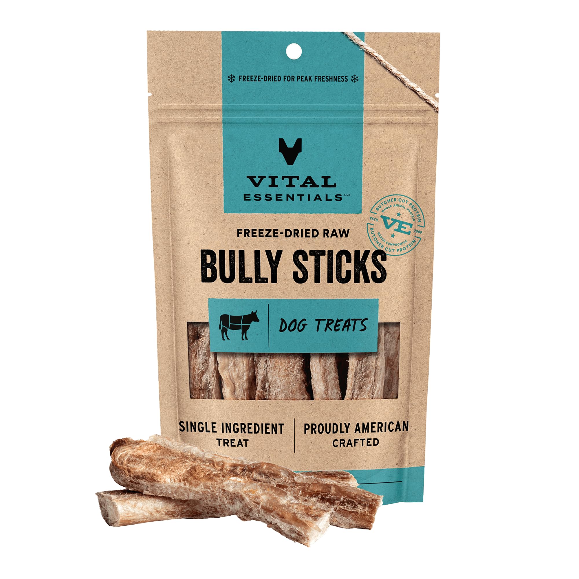 Vital EssentialsBully Sticks Dog Treats, 1.4 oz | Freeze-Dried Raw | Single Ingredient | Premium Quality High Protein Training Treats | Grain Free, Gluten Free, Filler Free