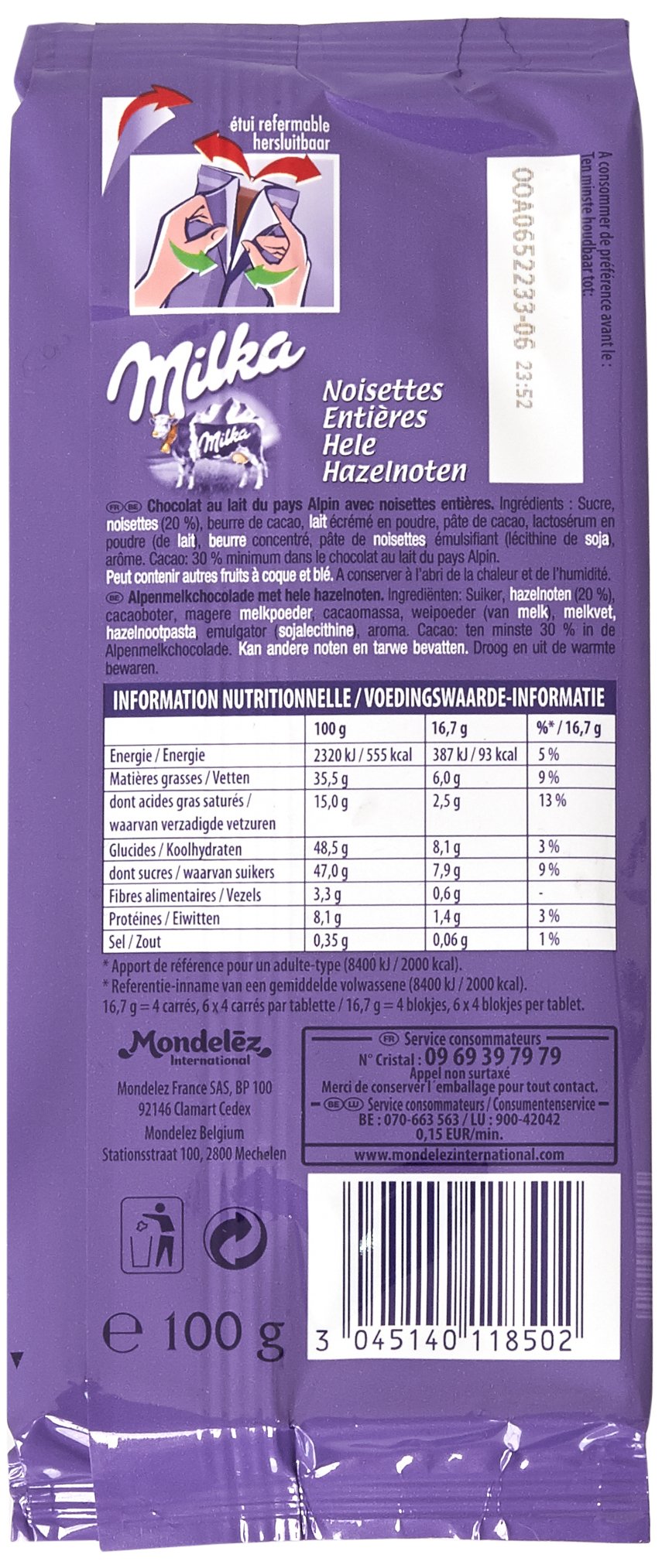 Milka Chocolat aux Noisettes Entières 2 tablettes de 100 g - Lot de 6