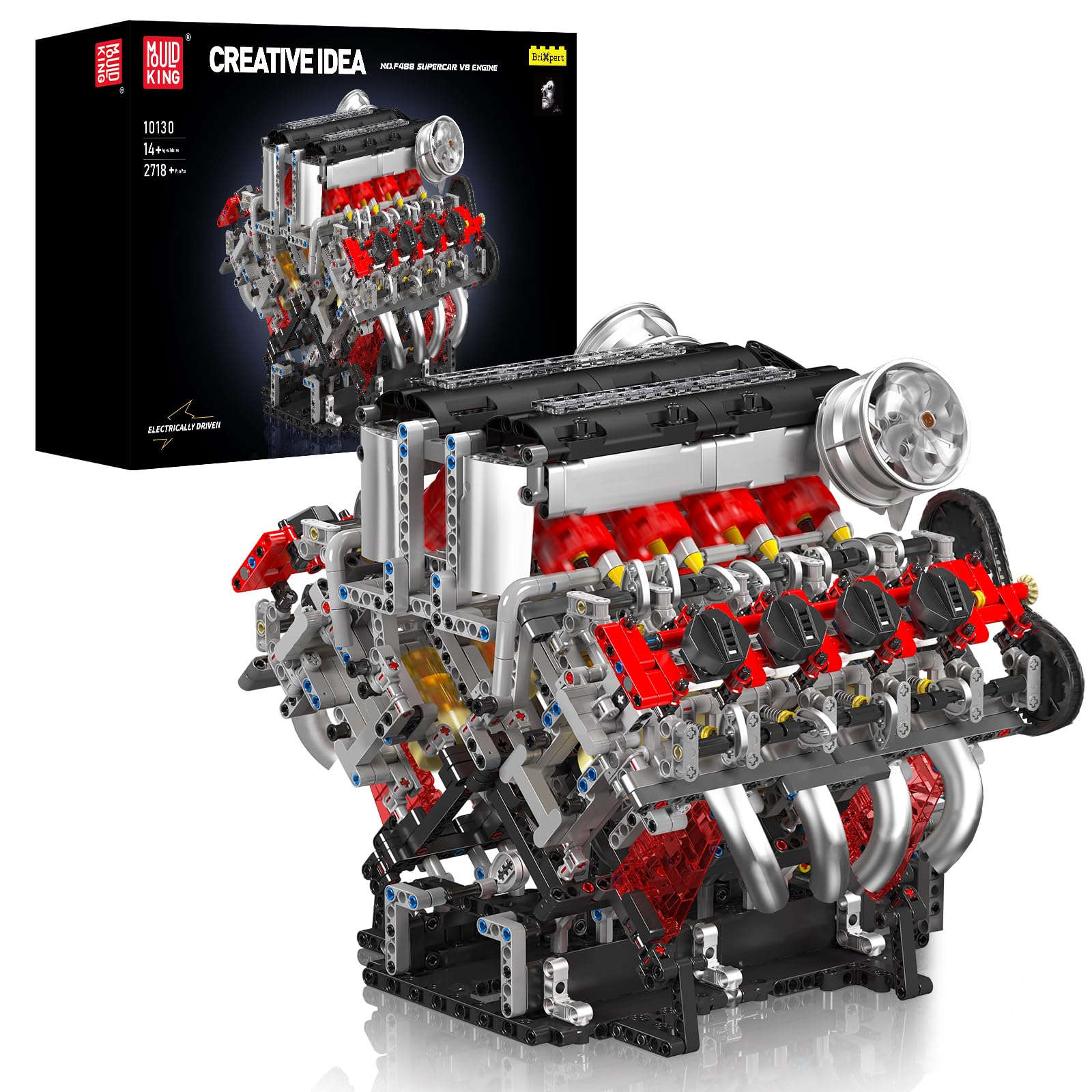 Mould King 10130 F488 Supercar V8-Motor, MOC-Spielzeugbausätze mit Motoren, Hochleistungsmotorenserie für Fahrzeugfans (2718+ Teile)