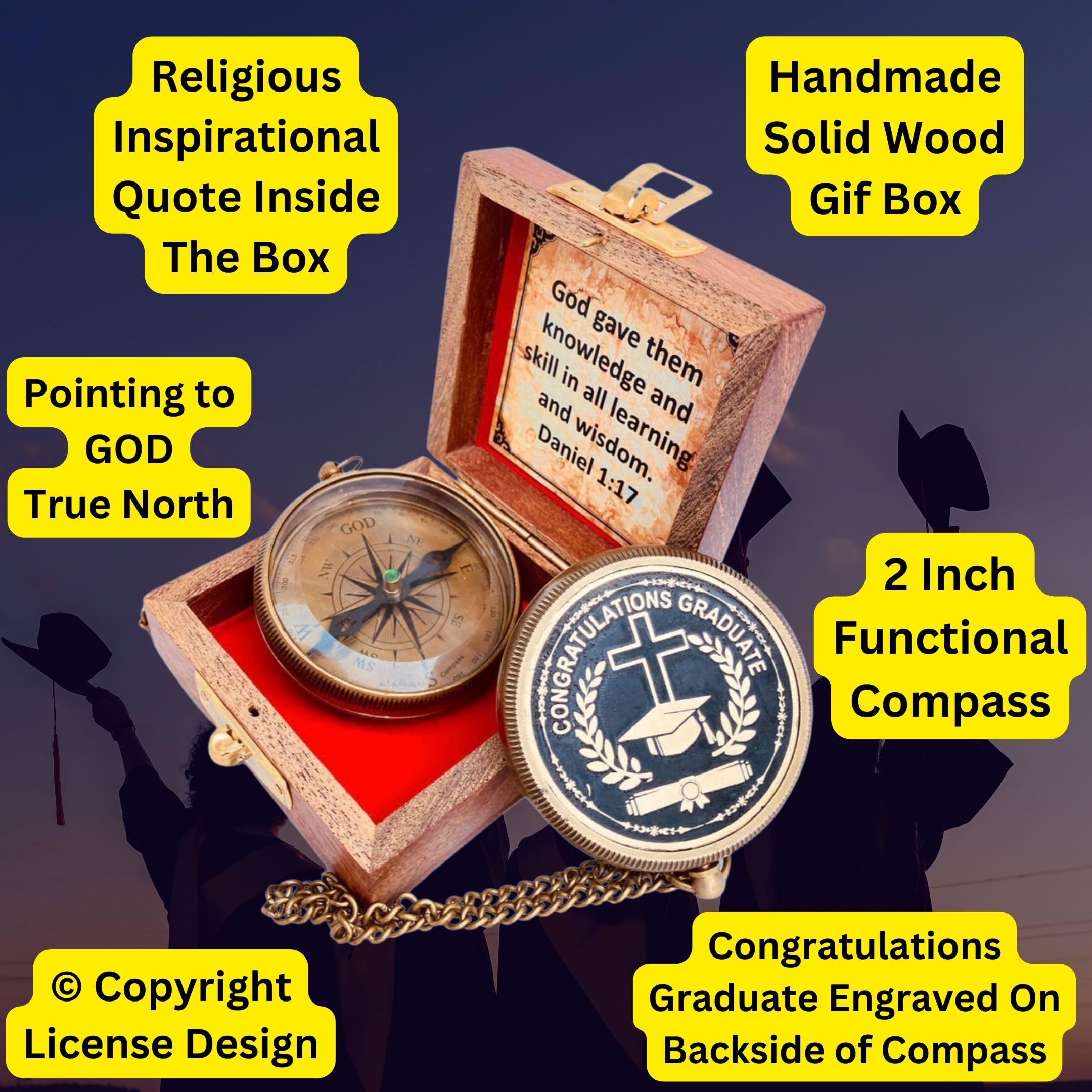 Gradautaion Gift - Congratulations Graduate Gifts for Graduation 2024, Engraved Compass in Wood Box, Unique Uplifting Inspirational Gift, College High School Graduation Gift for Boys and Girls