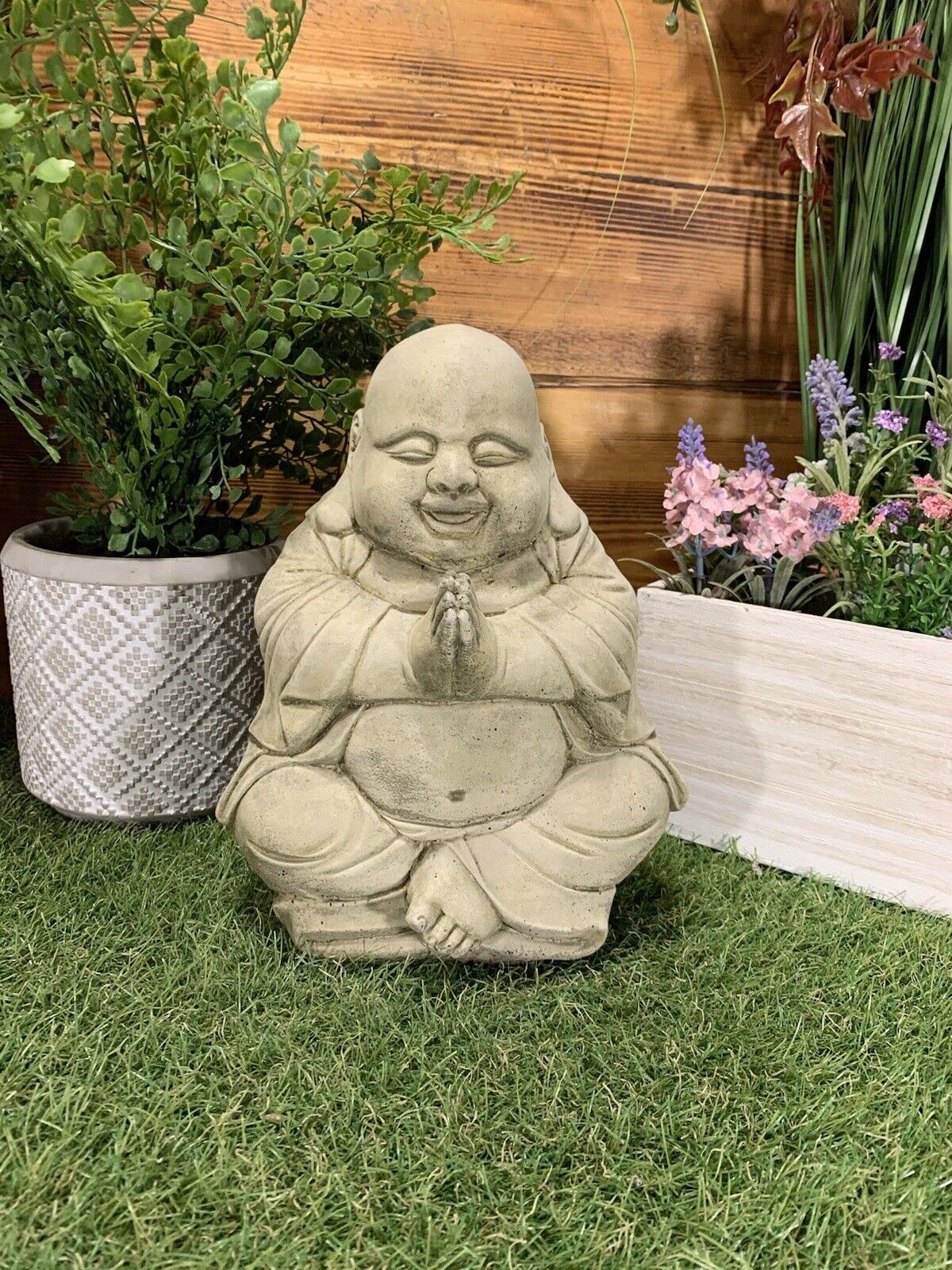 J And L Stone Ornaments Grey Happy Smiling Praying Buddha Statue