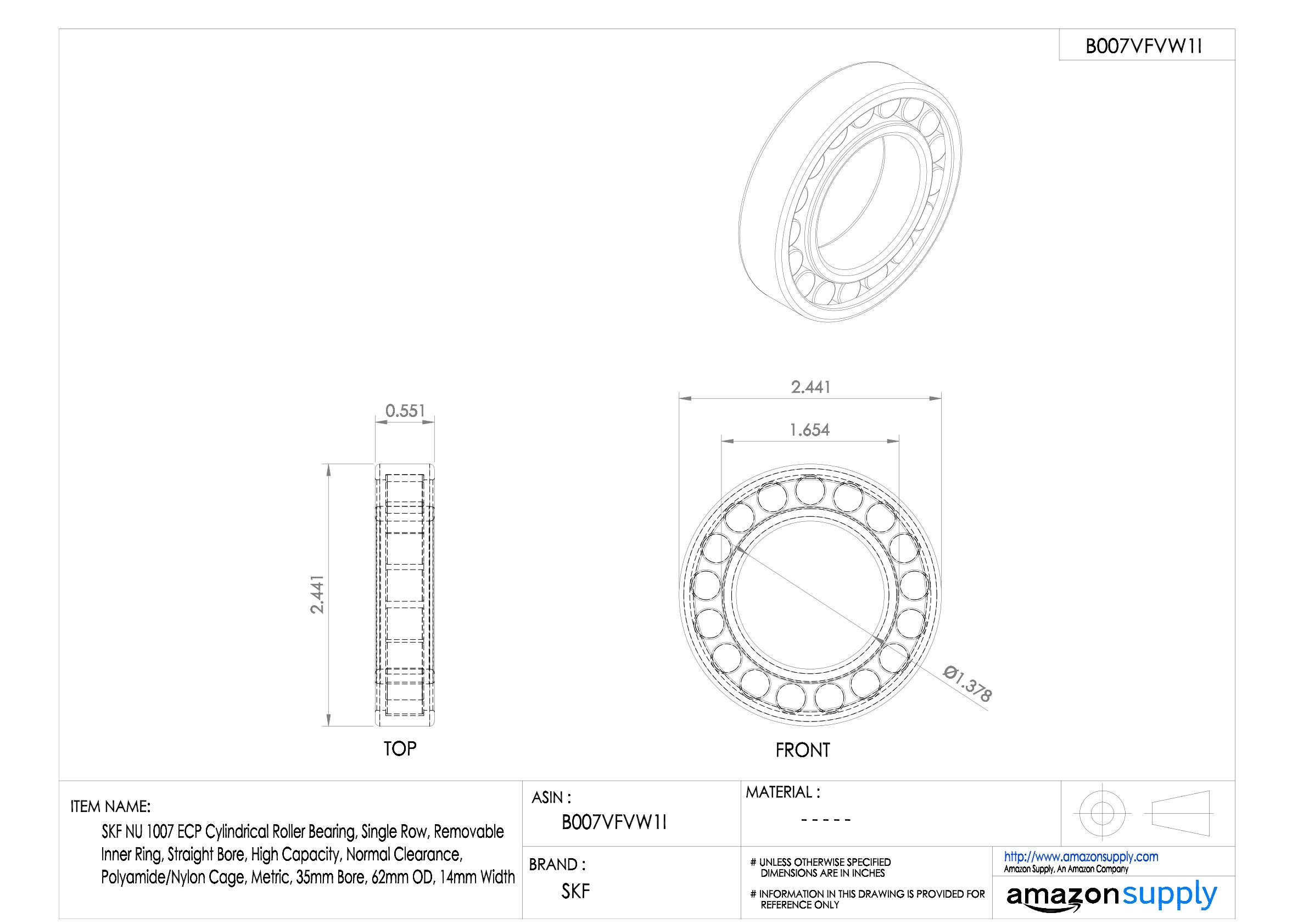 SKF cylindrique Radial Roulement à rouleaux, 35 ID, Roulements à billes en acier