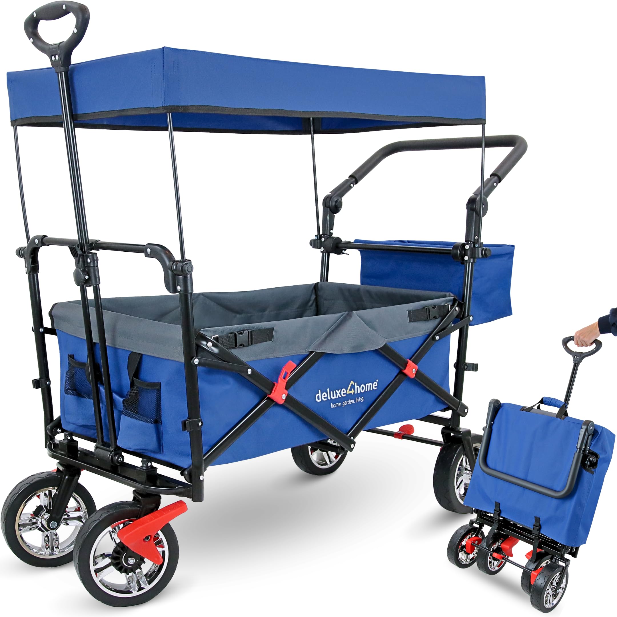 Bollerwagen mit Dach Faltbar Blau I Handwagen Transportwagen bis 80 kg I Breite Reifen Trolley Bremsen I Robuster Wagen Kinderwagen Strandwagen