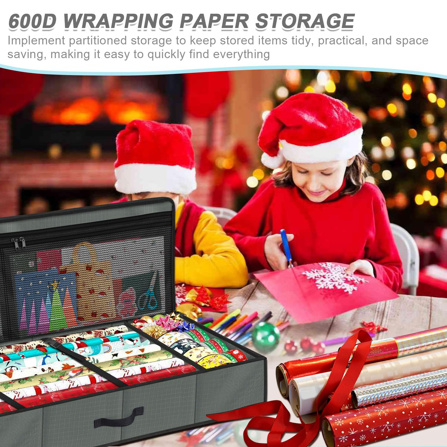 BROSYDA Cadeaupapier, 600D Oxford-doek, scheurvast, 82 x 13 x 34 cm, met binnenvakken voor strikken, hangers en linten, cadeaupapier-organizer voor kerstcadeaupapier, decoraties