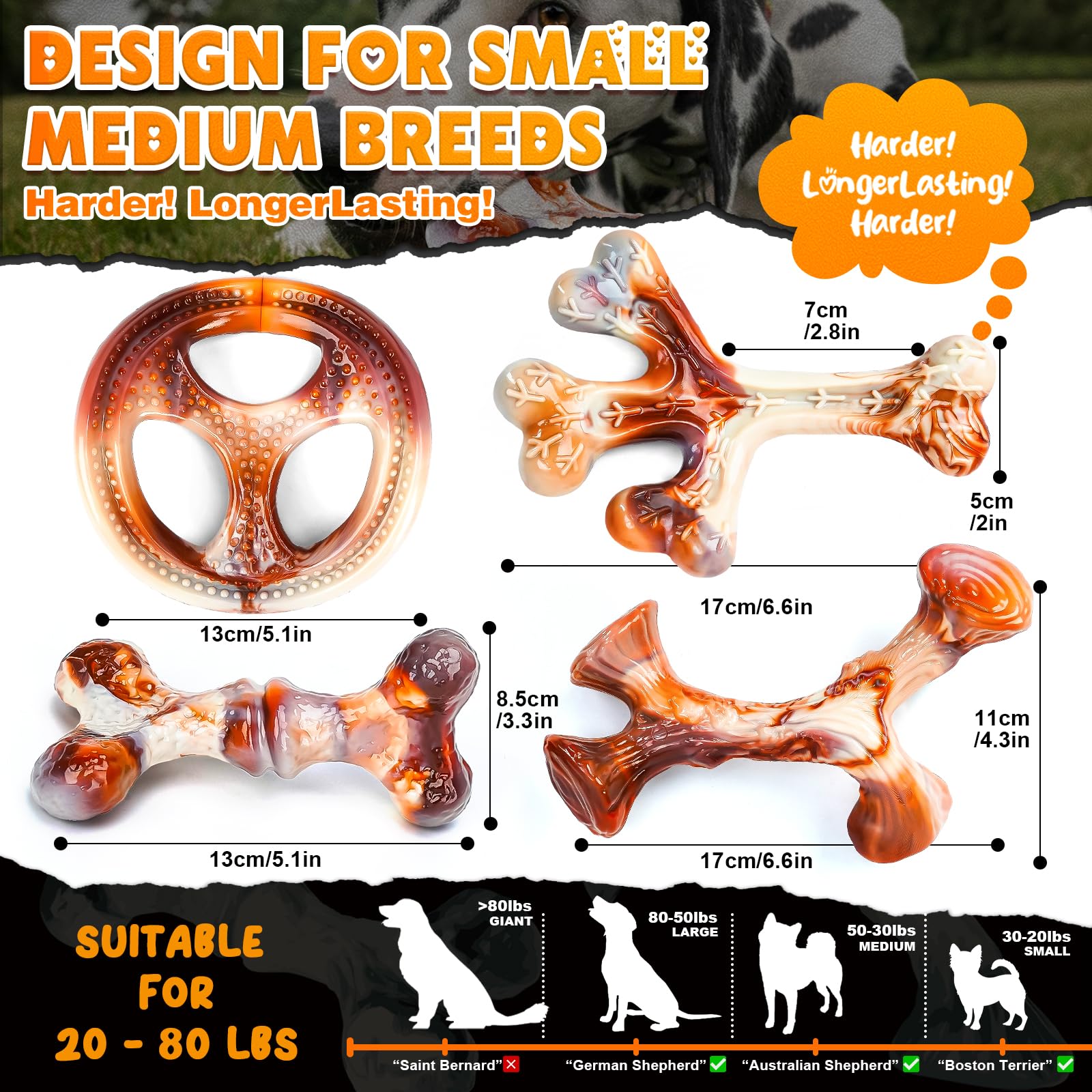 Paquete de 4 juguetes masticables para perros para masticadores agresivos, juguetes indestructibles para razas grandes, medianas y pequeñas, masticables duraderos con sabor a tocino, huesos de