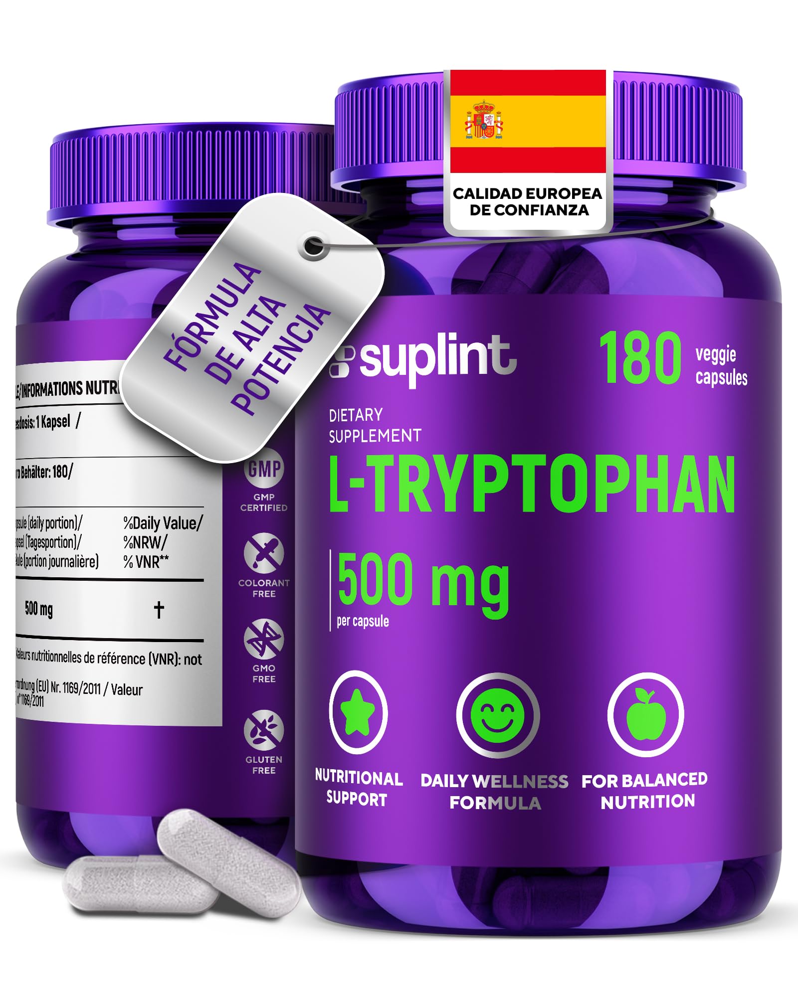 L-Tryptophane 500 mg – 180 Gélules Véganes – 3 Pack | Gélules Haute Concentration – 1 Gélule par Jour, Cure de 6 Mois – Certifié GMP & Testé en Laboratoire en Allemagne