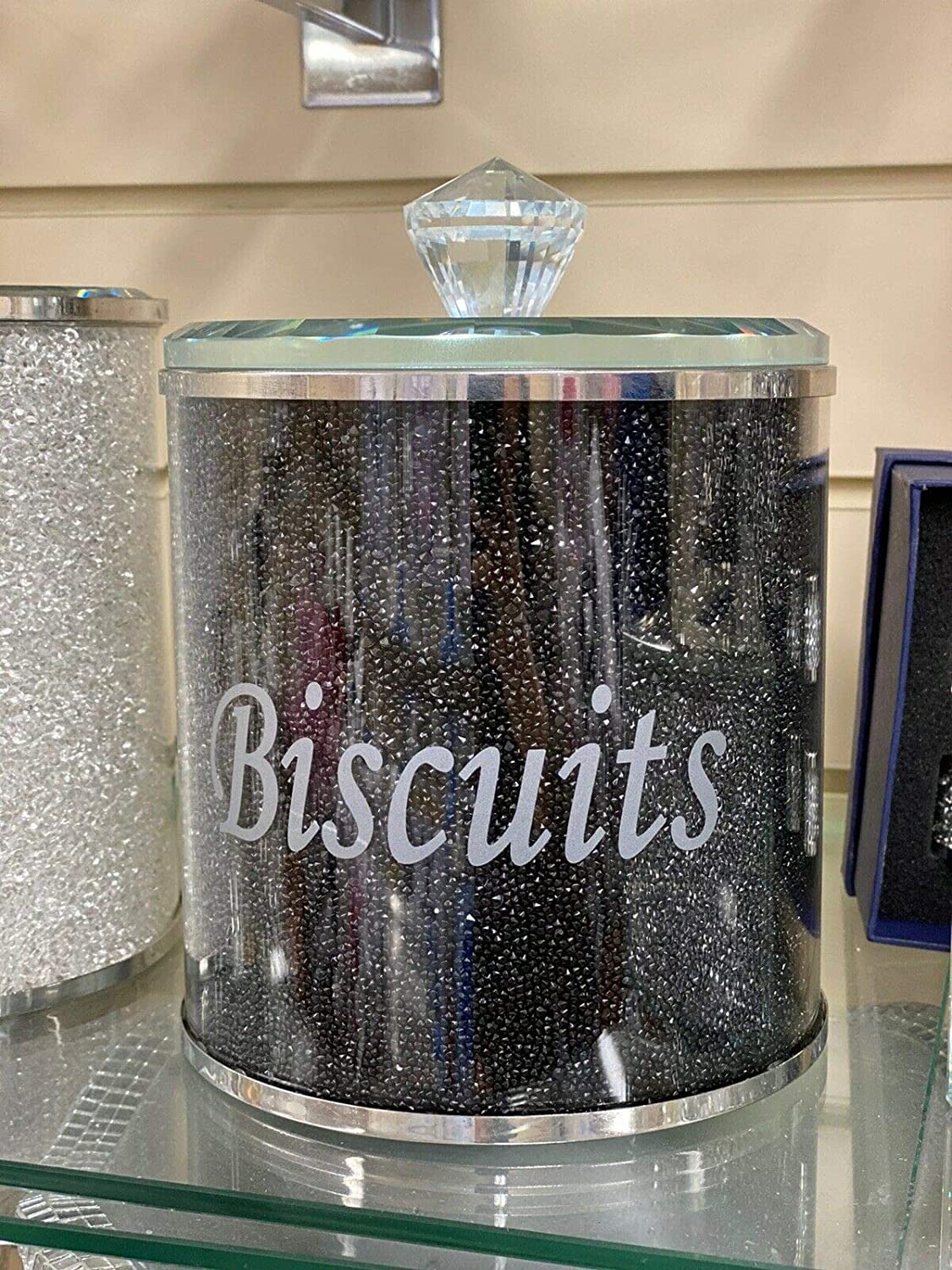 Biznest Black Xl Diamond Crushed Biscuits Canister Jar Tin Kitchen Storage Containers Silver Trimmings Crystal(Black)